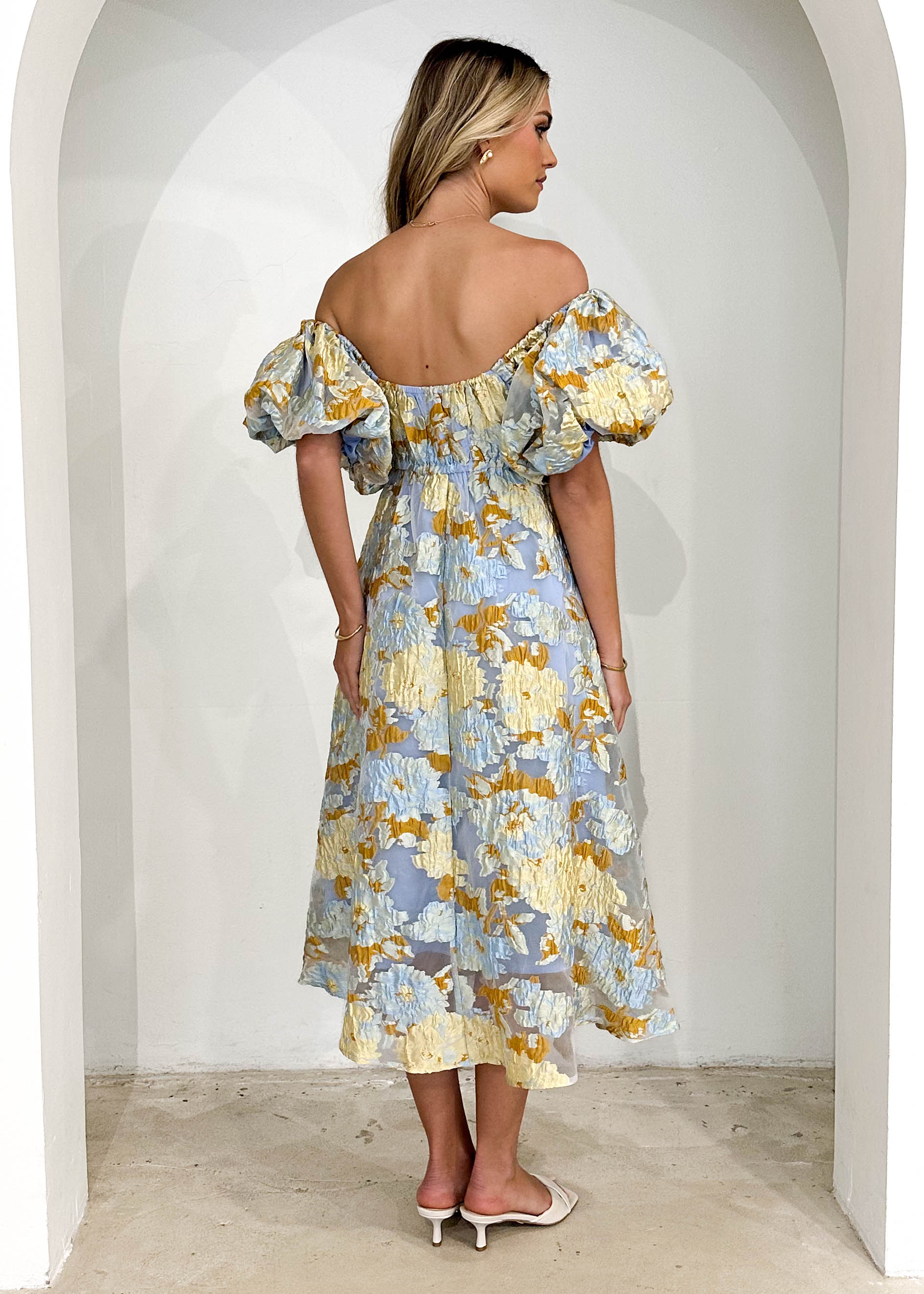 Tulliah Off Shoulder Midi Dress - Blue Jacquard