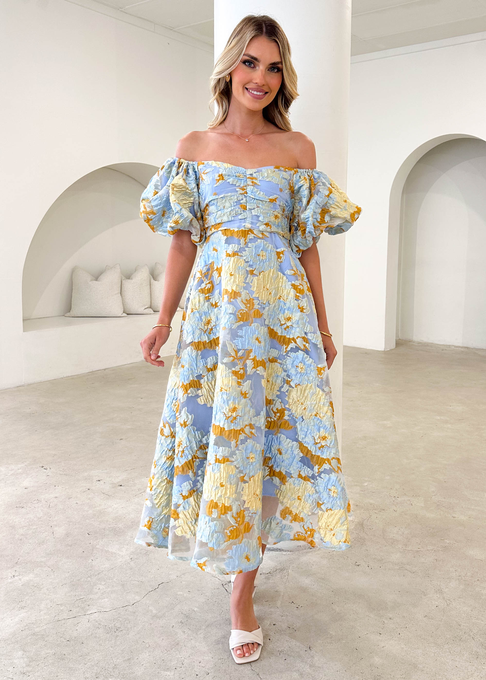 Tulliah Off Shoulder Midi Dress - Blue Jacquard