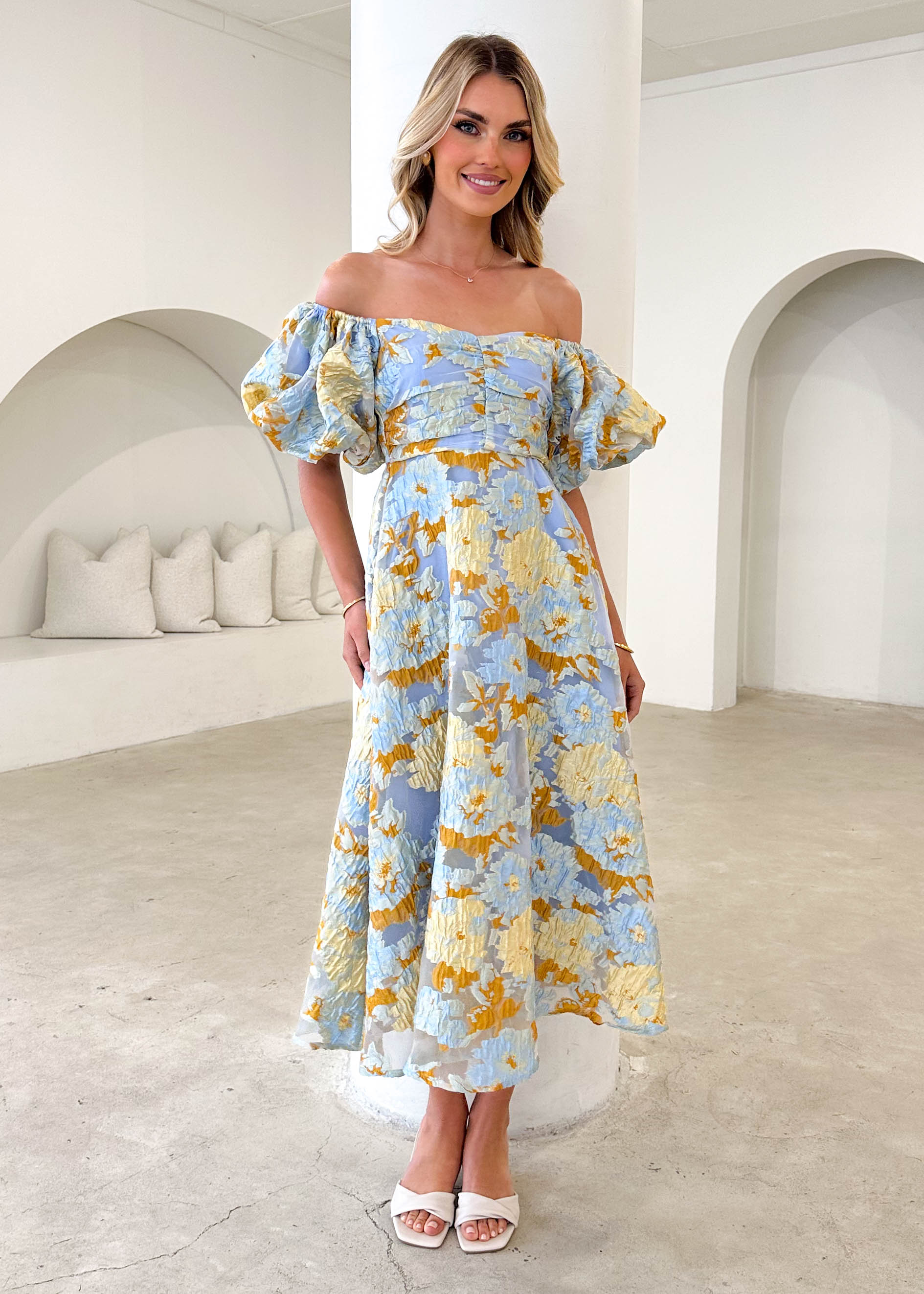 PRE-ORDER: Tulliah Off Shoulder Midi Dress - Blue Jacquard