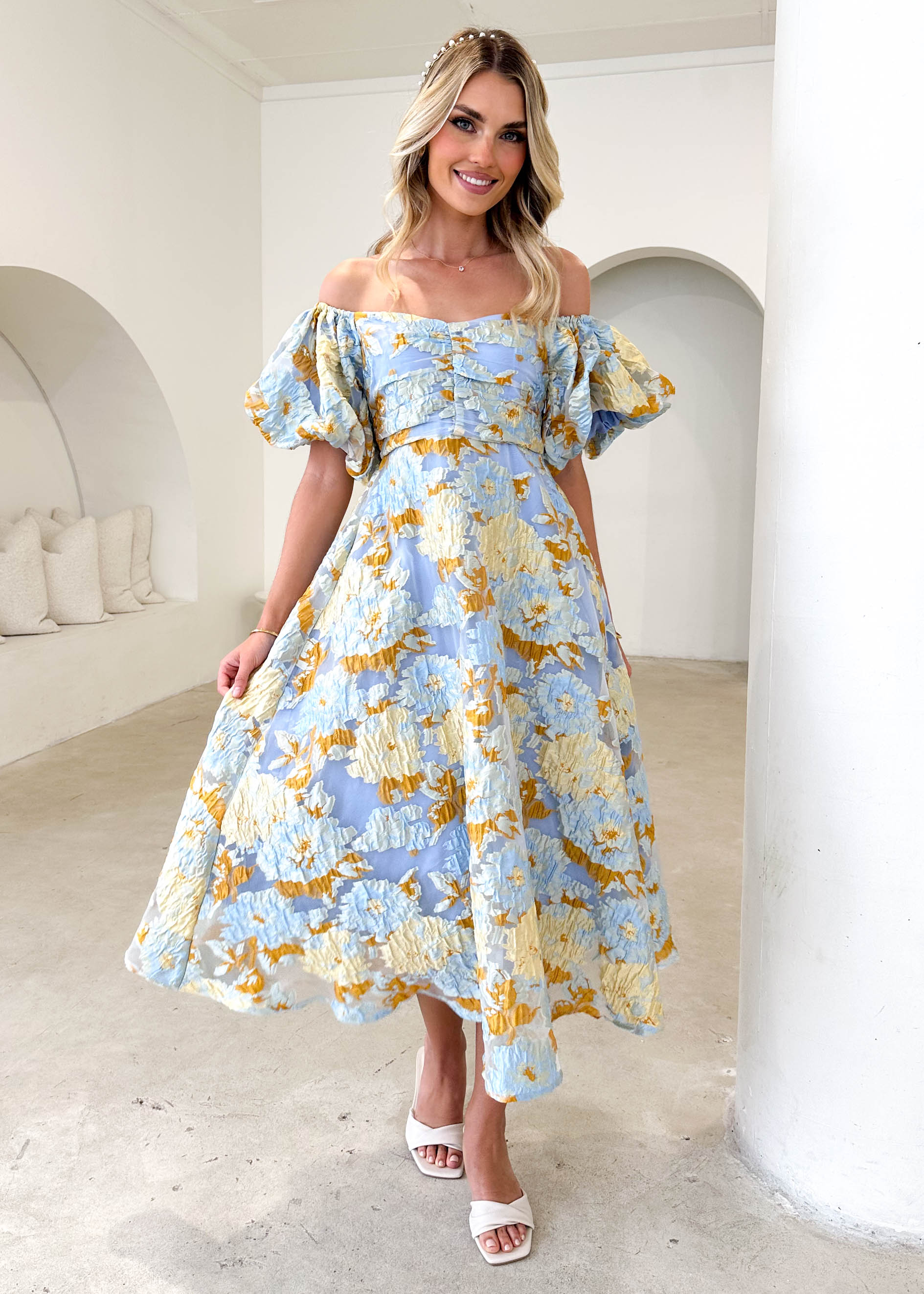 PRE-ORDER: Tulliah Off Shoulder Midi Dress - Blue Jacquard