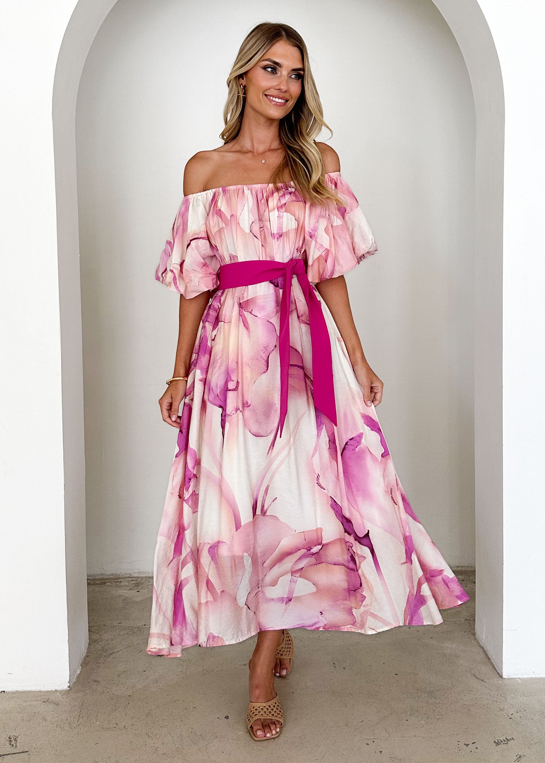 Reece Off Shoulder Midi Dress - Fuchsia Flame