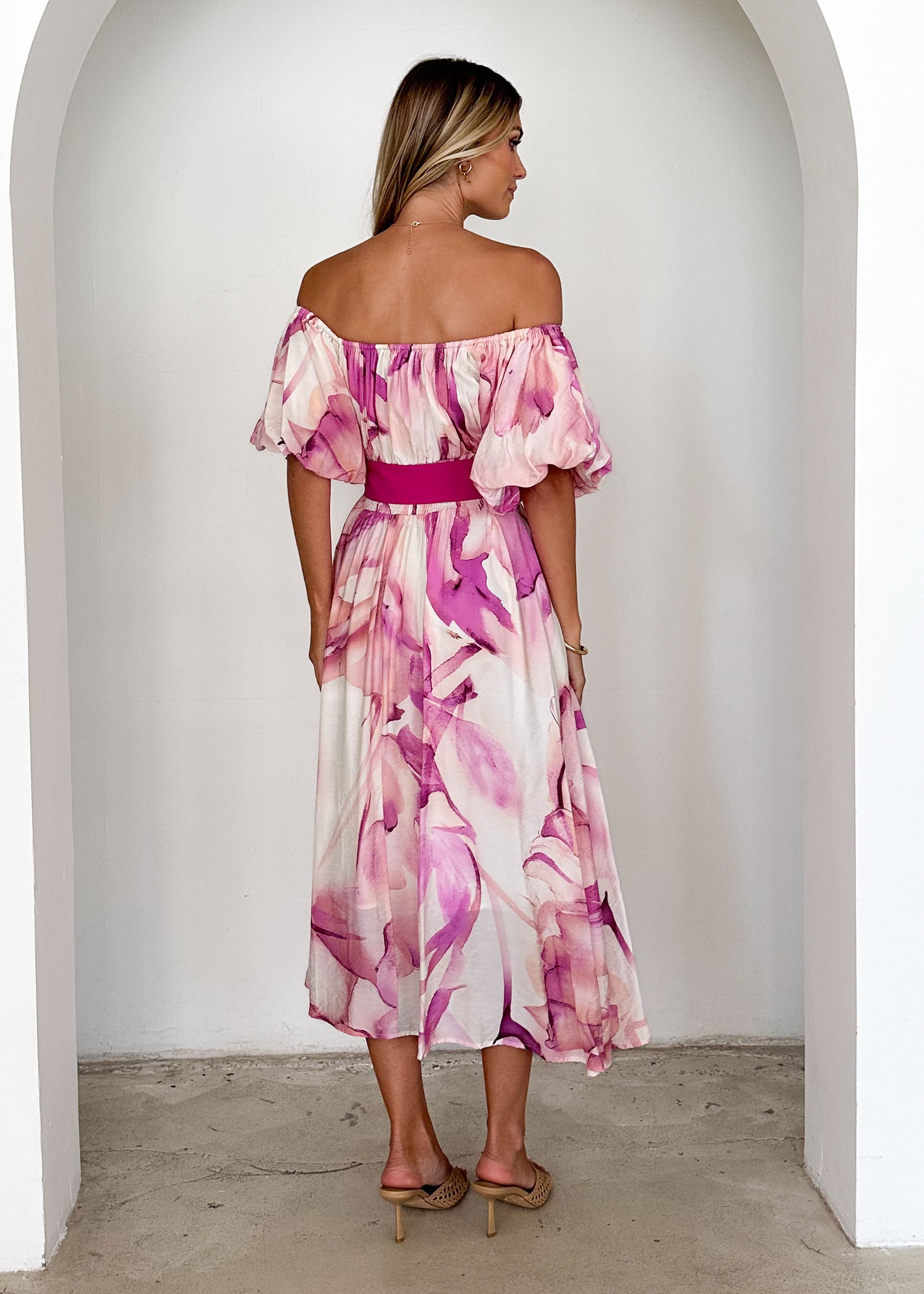 Reece Off Shoulder Midi Dress - Fuchsia Flame