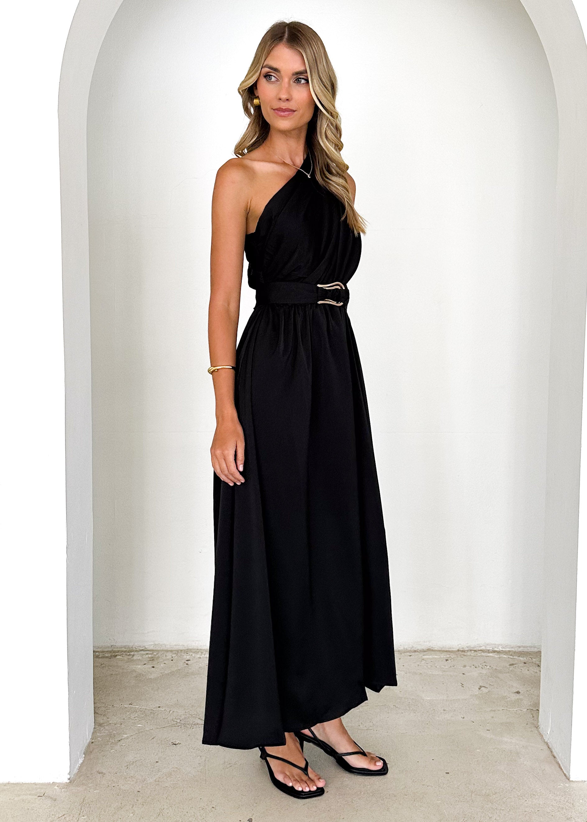 Korah One Shoulder Midi Dress - Black