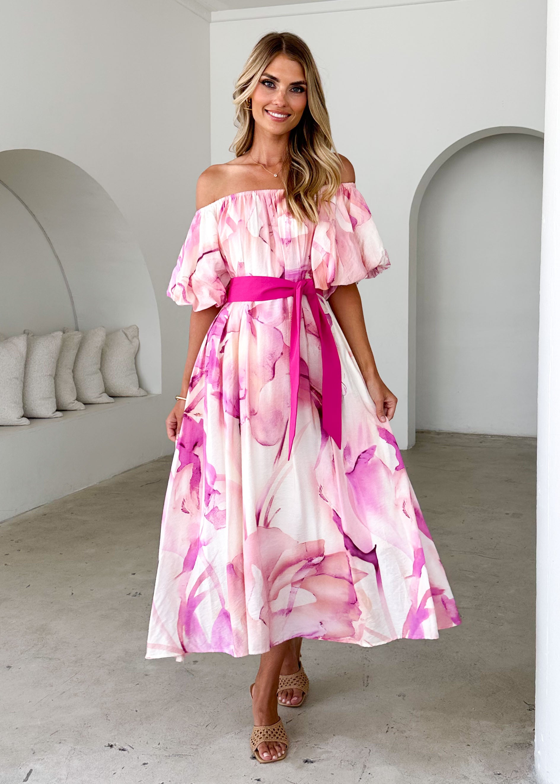 Reece Off Shoulder Midi Dress - Fuchsia Flame