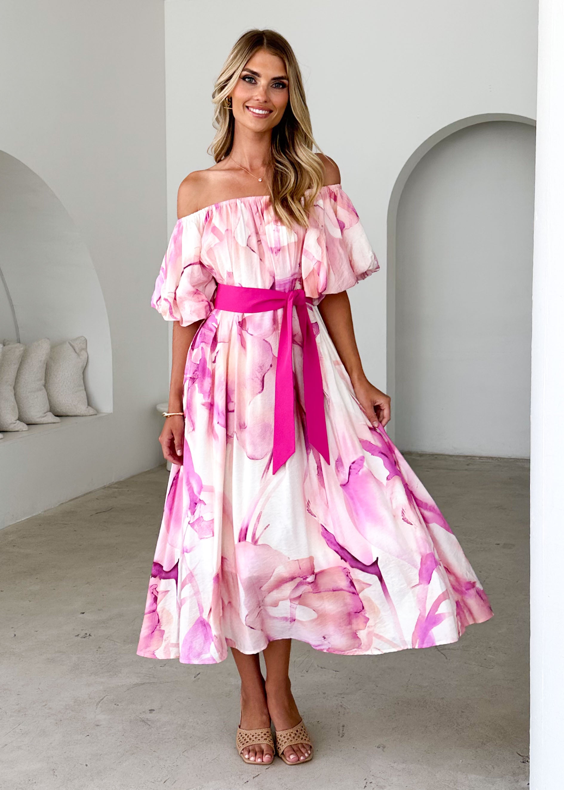 Reece Off Shoulder Midi Dress - Fuchsia Flame