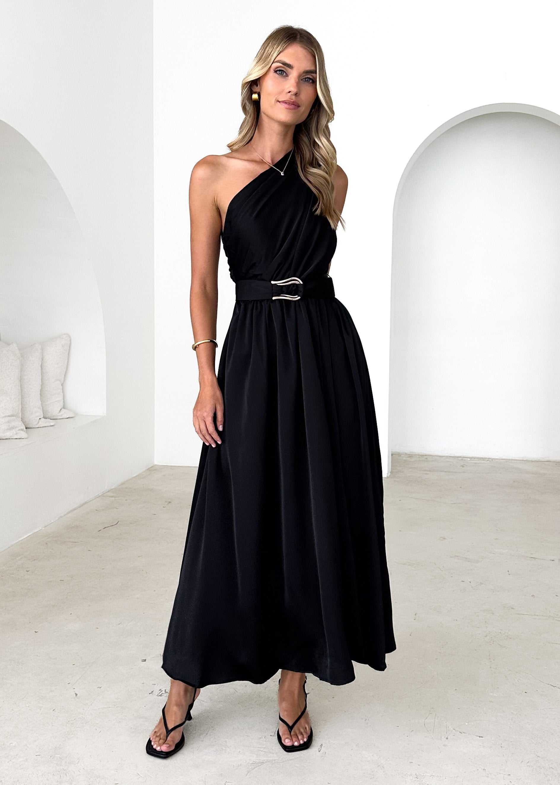 Korah One Shoulder Midi Dress - Black