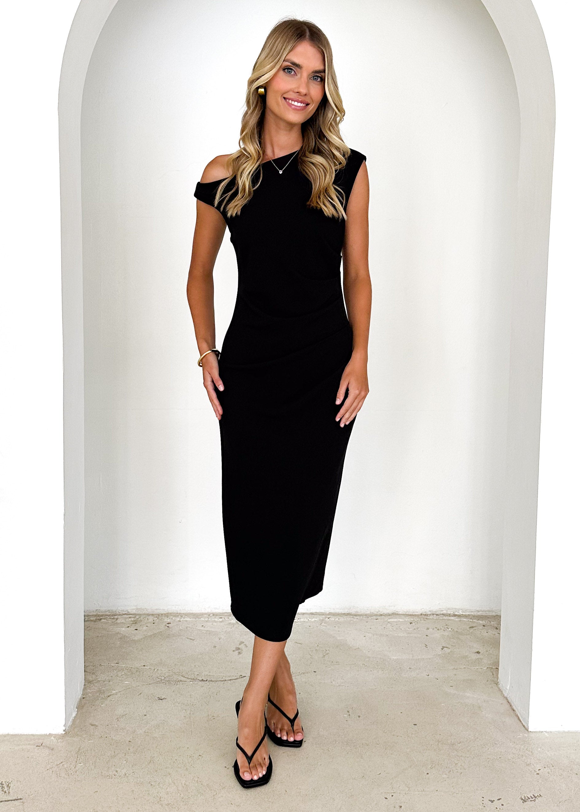 Tina One Shoulder Midi Dress - Black