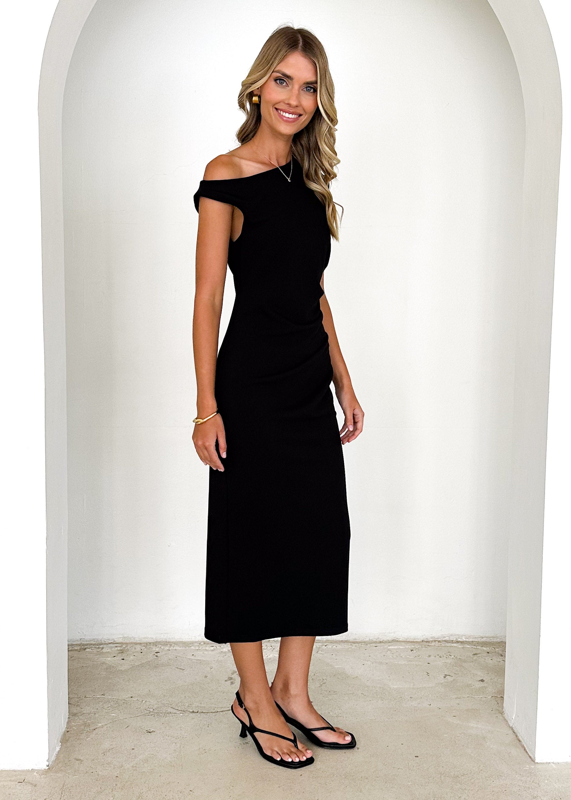 Tina One Shoulder Midi Dress - Black