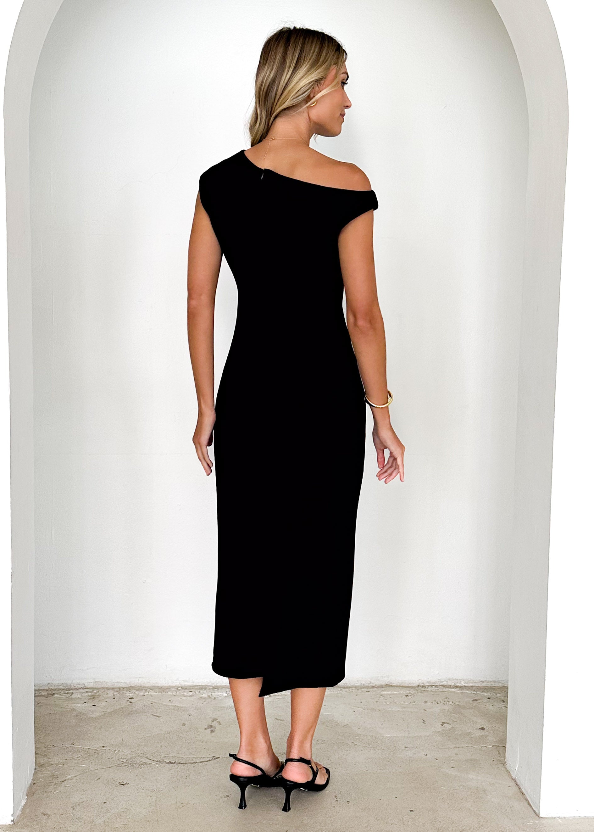 Tina One Shoulder Midi Dress - Black