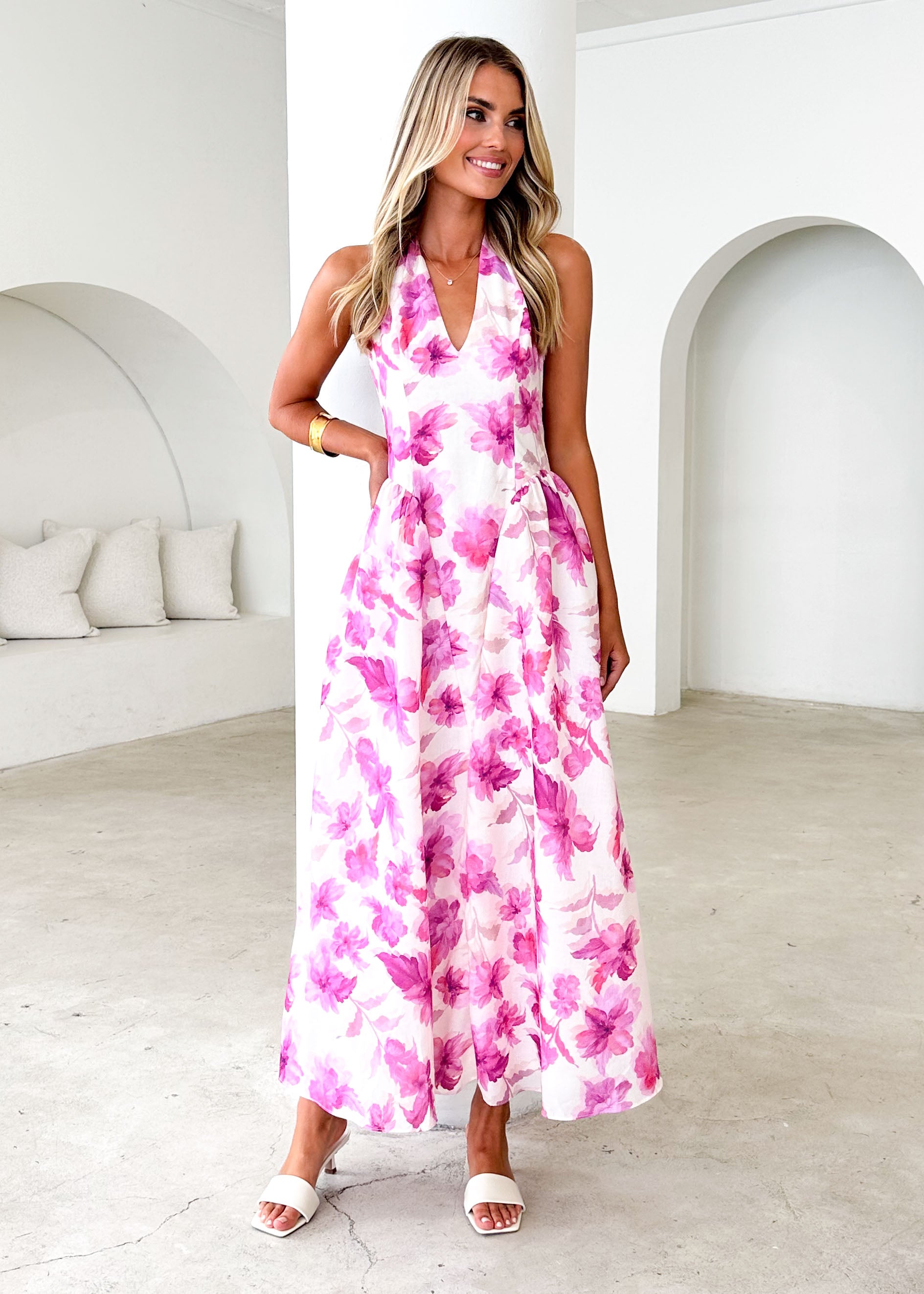 Faithless Halter Maxi Dress - Pink Flowers