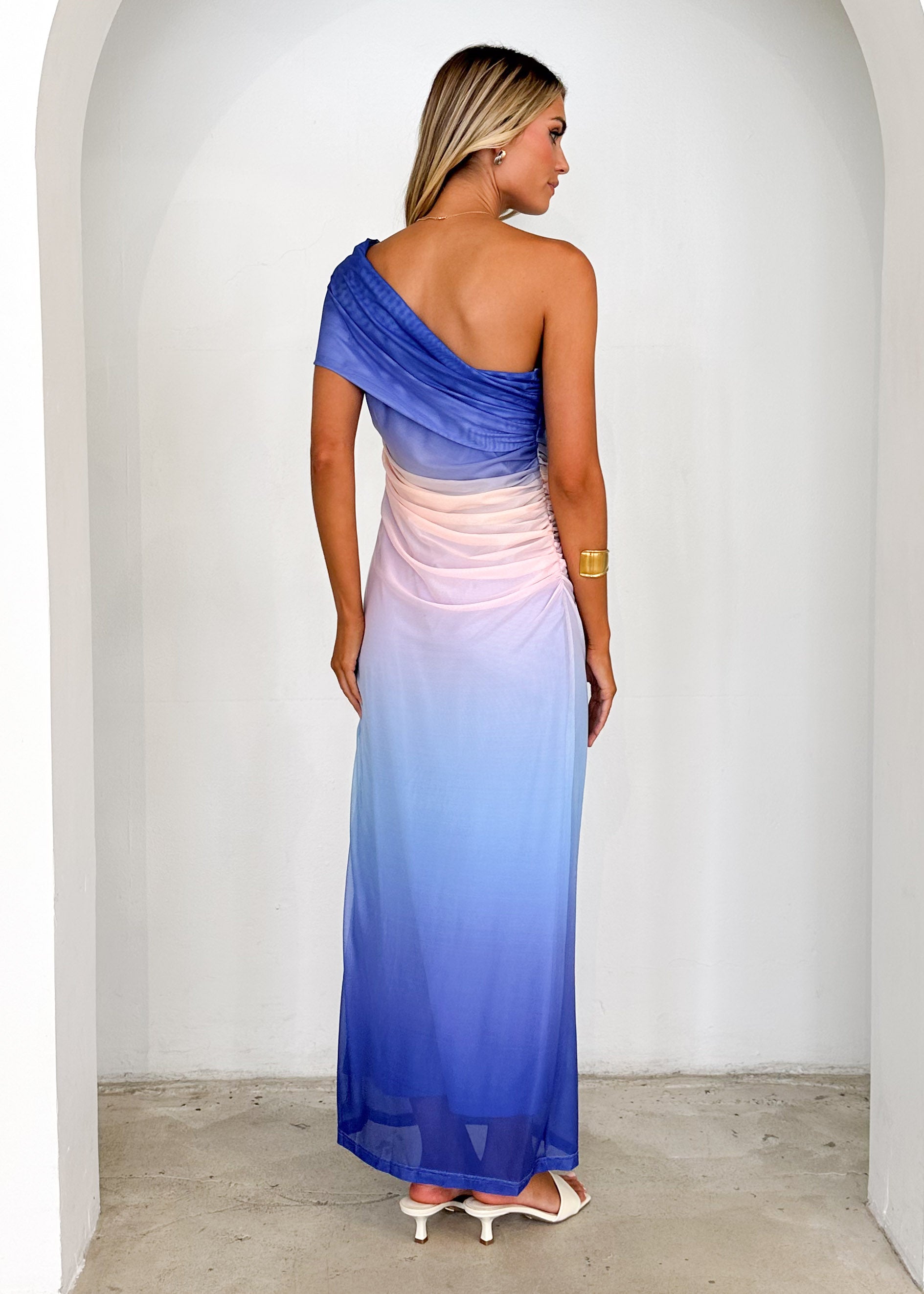 Leia One Shoulder Mesh Maxi Dress - Blue Ombre