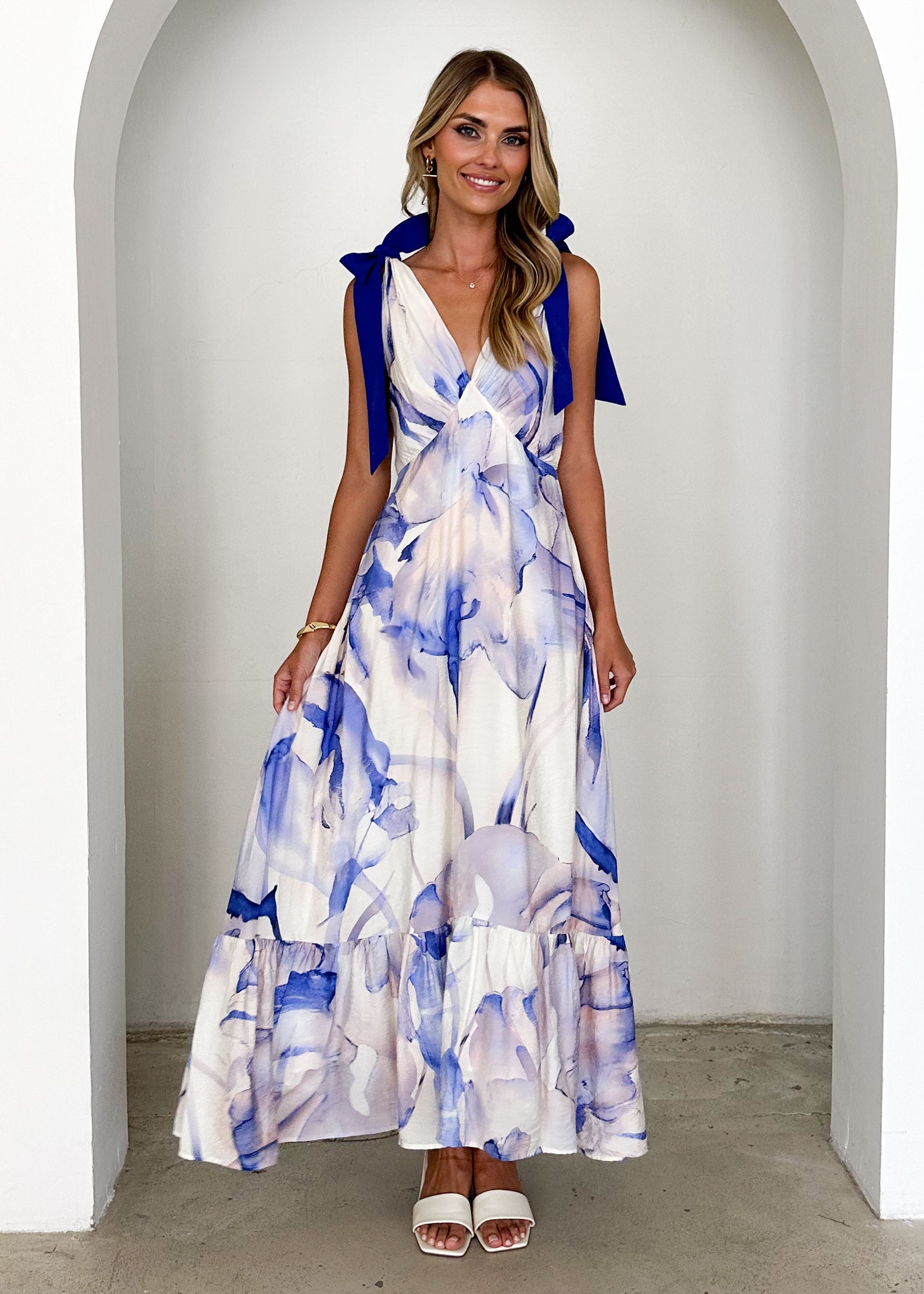 Havannah Tie Midi Dress - Lapis Flame