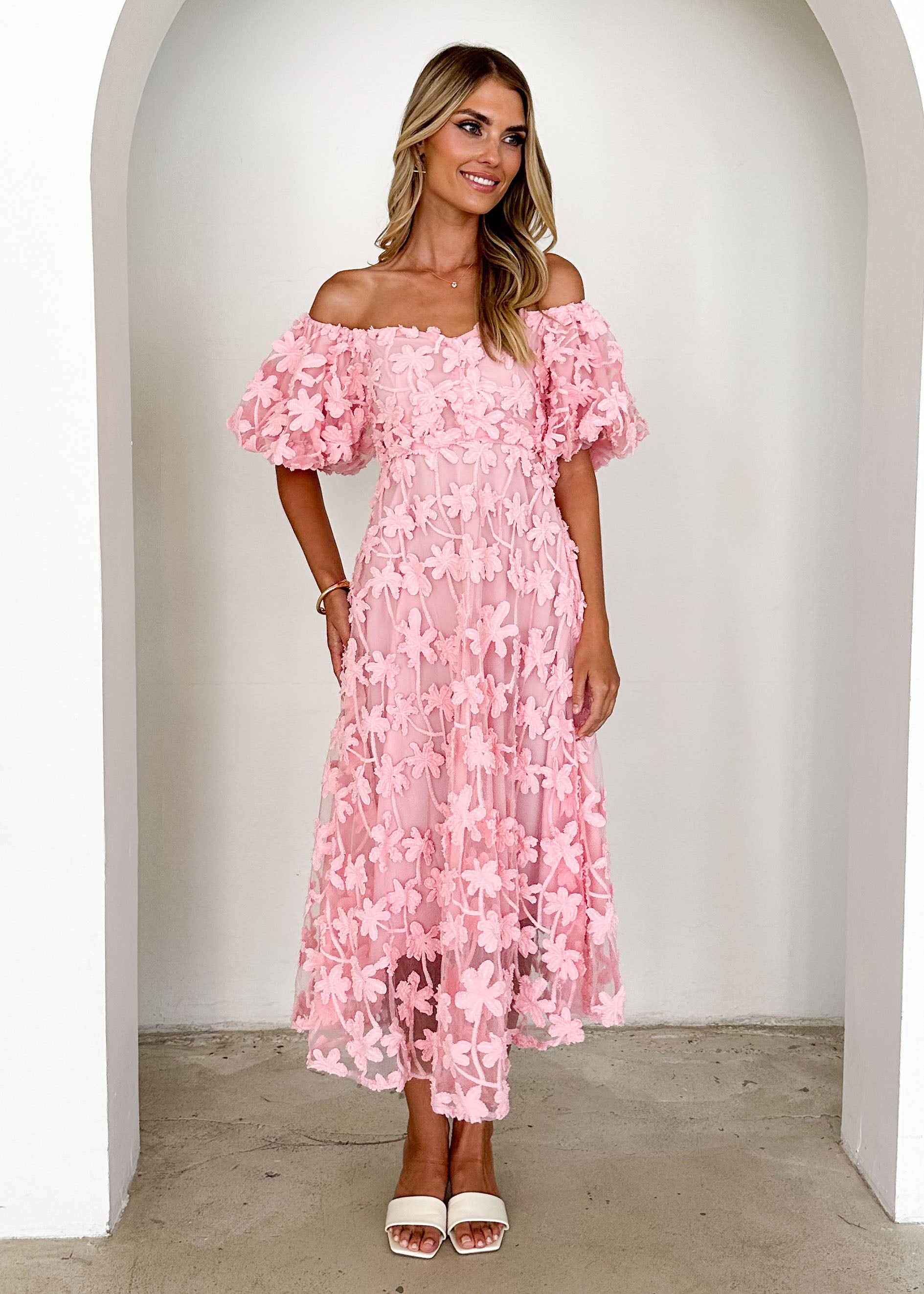 Maliah Off Shoulder Midi Dress - Pink Lace