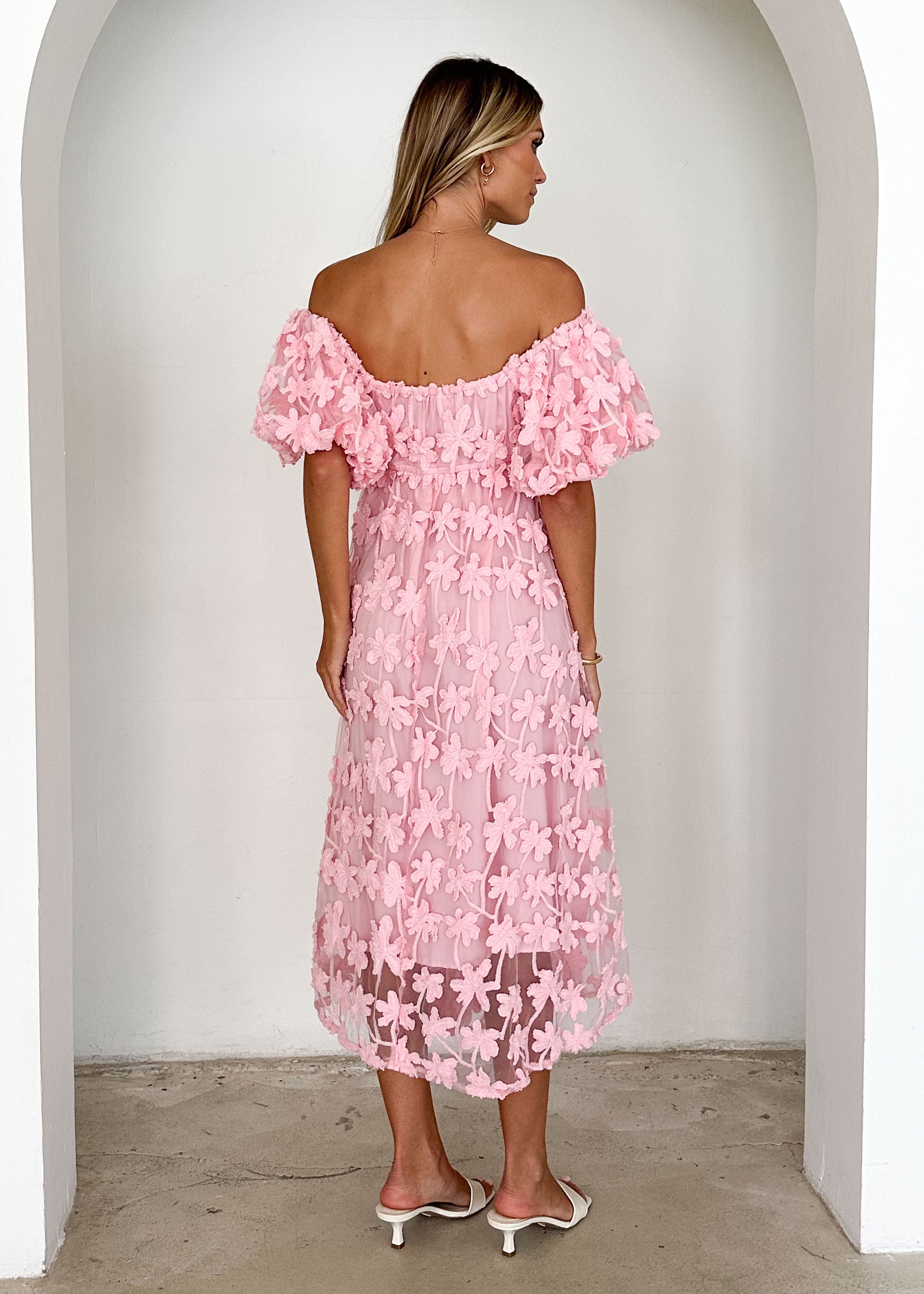 Maliah Off Shoulder Midi Dress - Pink Lace