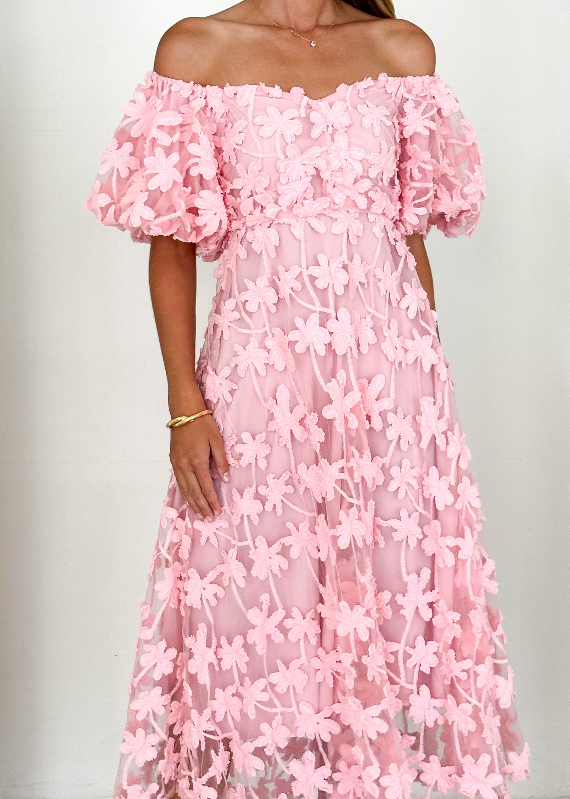 Maliah Off Shoulder Midi Dress - Pink Lace