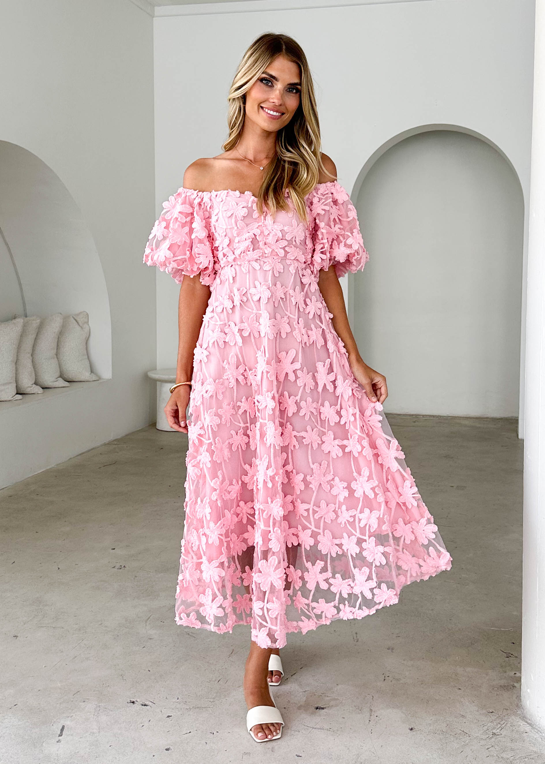 Maliah Off Shoulder Midi Dress - Pink Lace