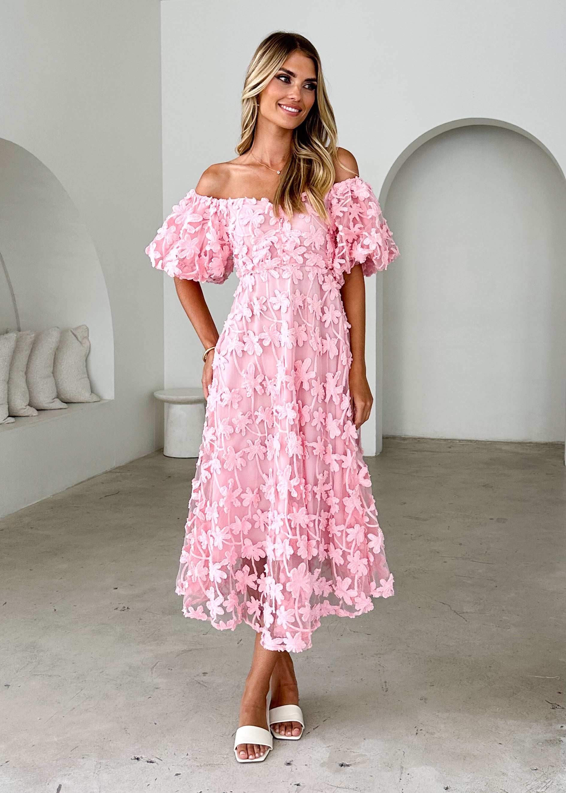 Maliah Off Shoulder Midi Dress - Pink Lace