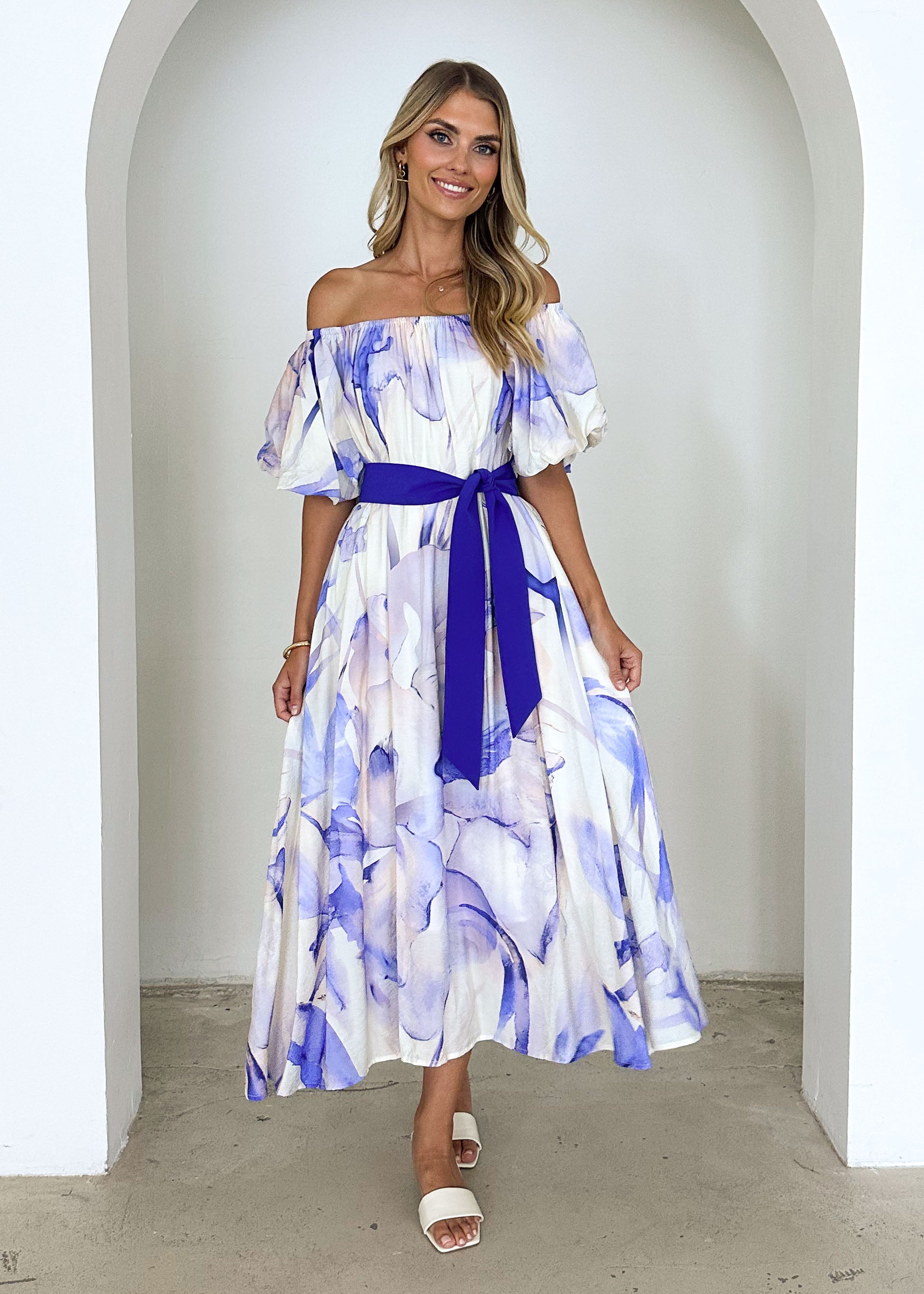 Reece Off Shoulder Midi Dress - Lapis Flame