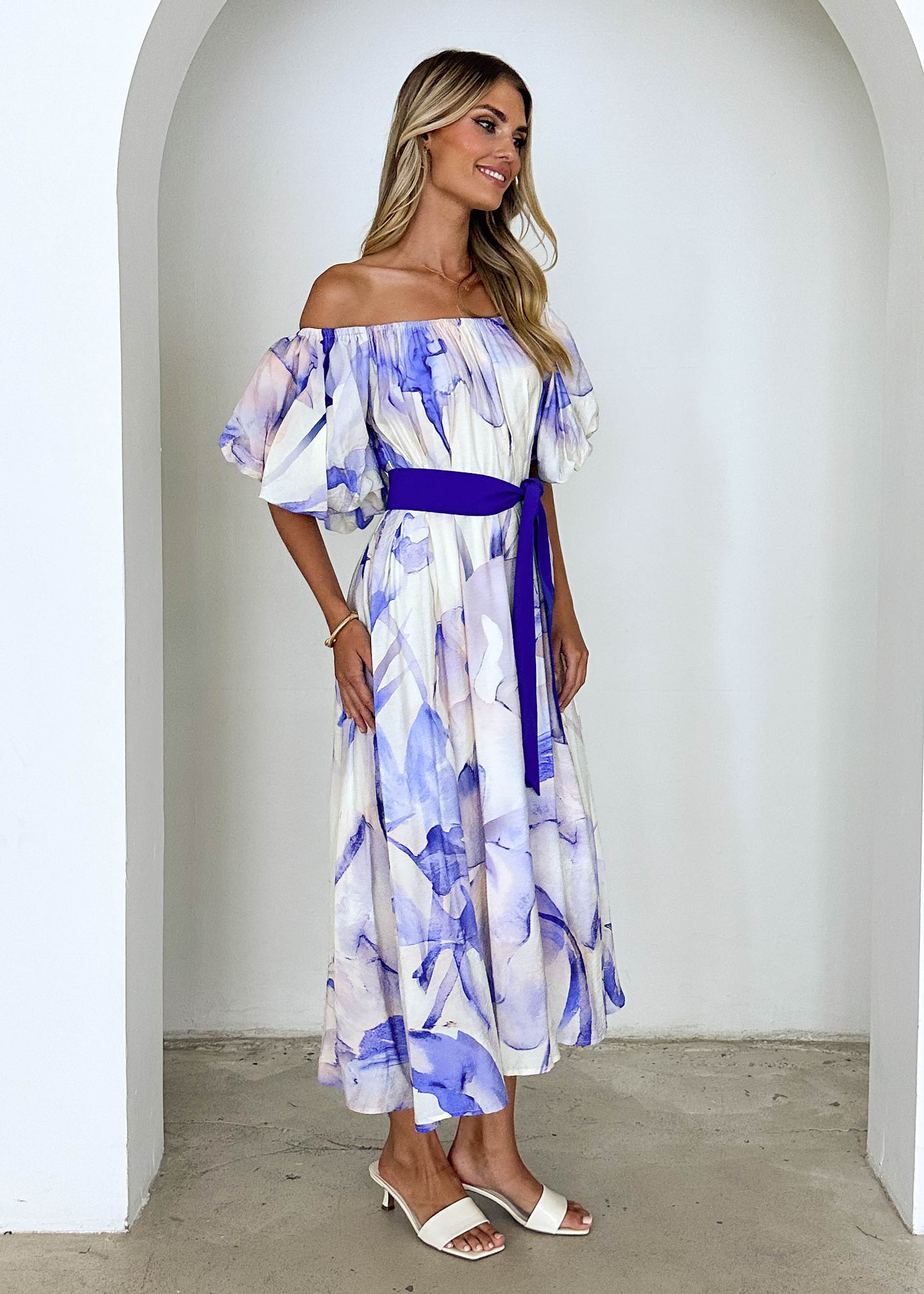 Reece Off Shoulder Midi Dress - Lapis Flame