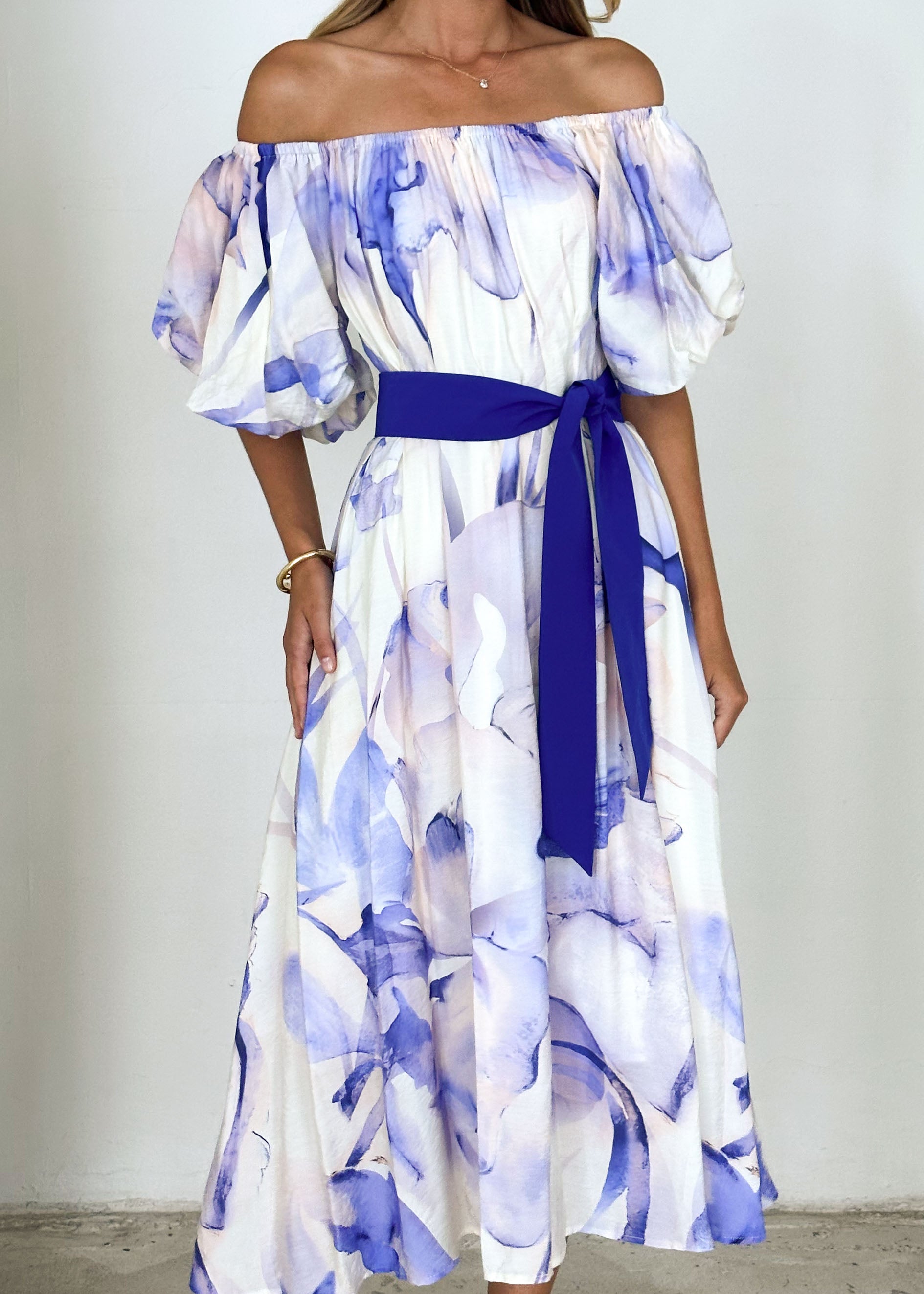 Reece Off Shoulder Midi Dress - Lapis Flame