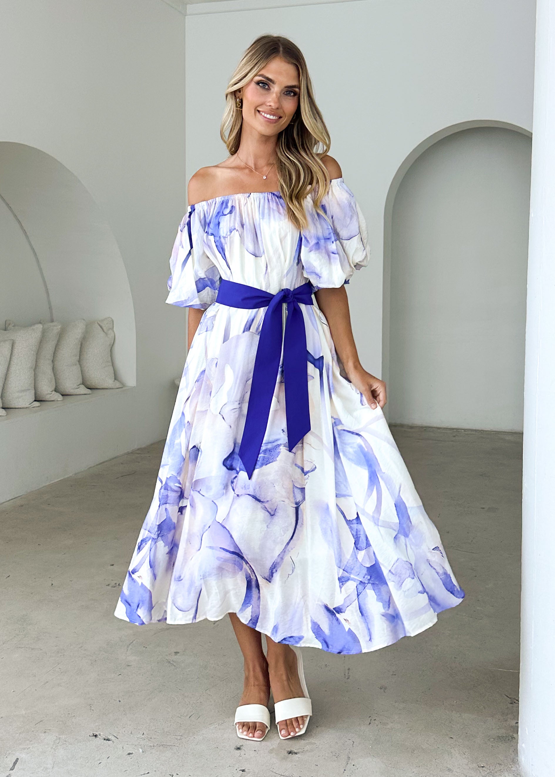 Reece Off Shoulder Midi Dress - Lapis Flame