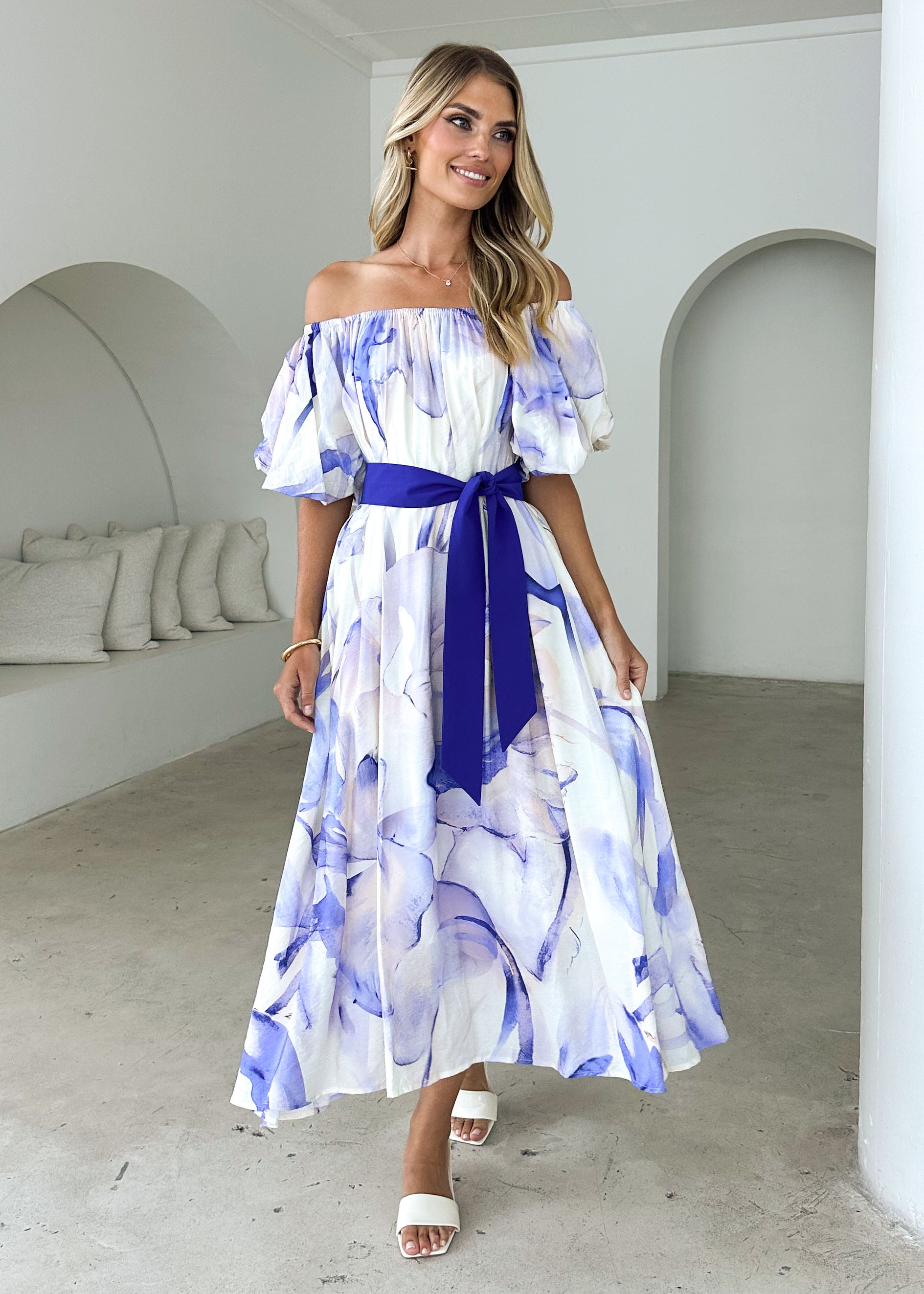 Reece Off Shoulder Midi Dress - Lapis Flame