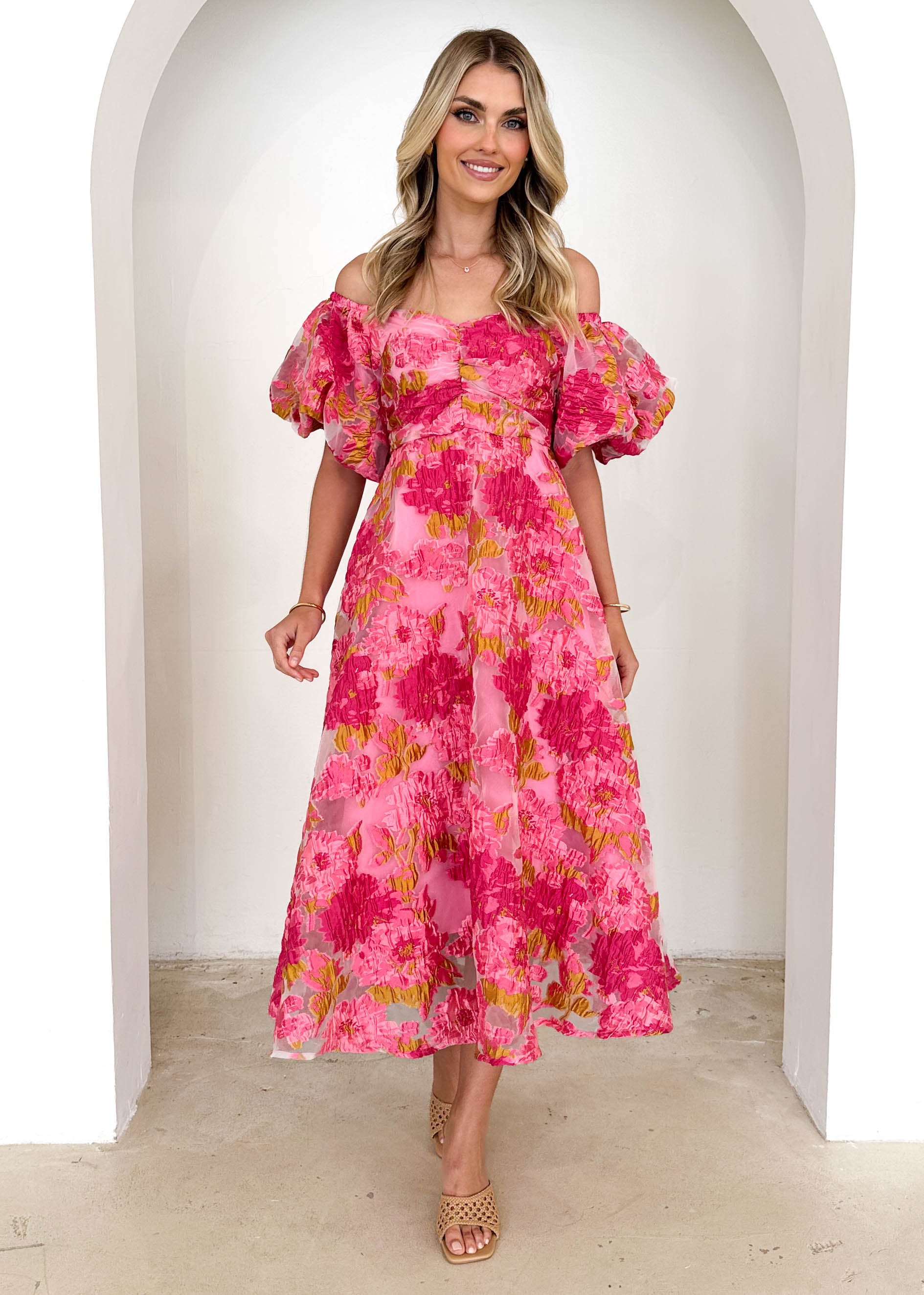 Tulliah Off Shoulder Midi Dress - Pink Jacquard