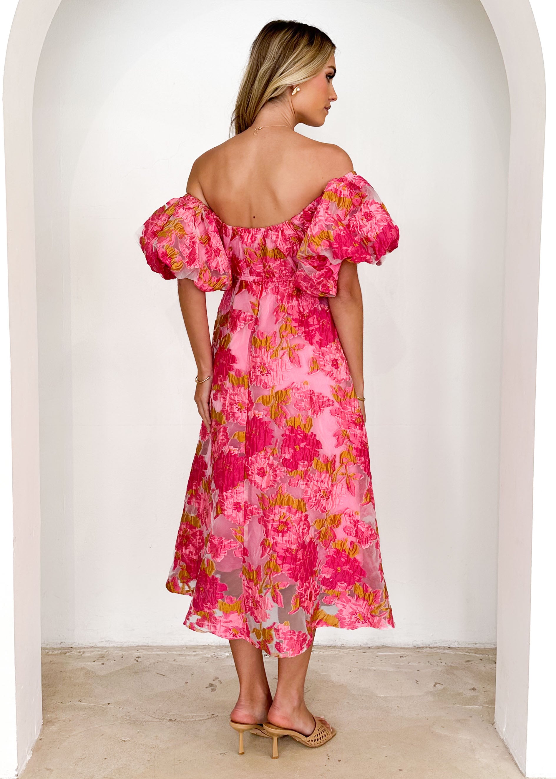 Tulliah Off Shoulder Midi Dress - Pink Jacquard