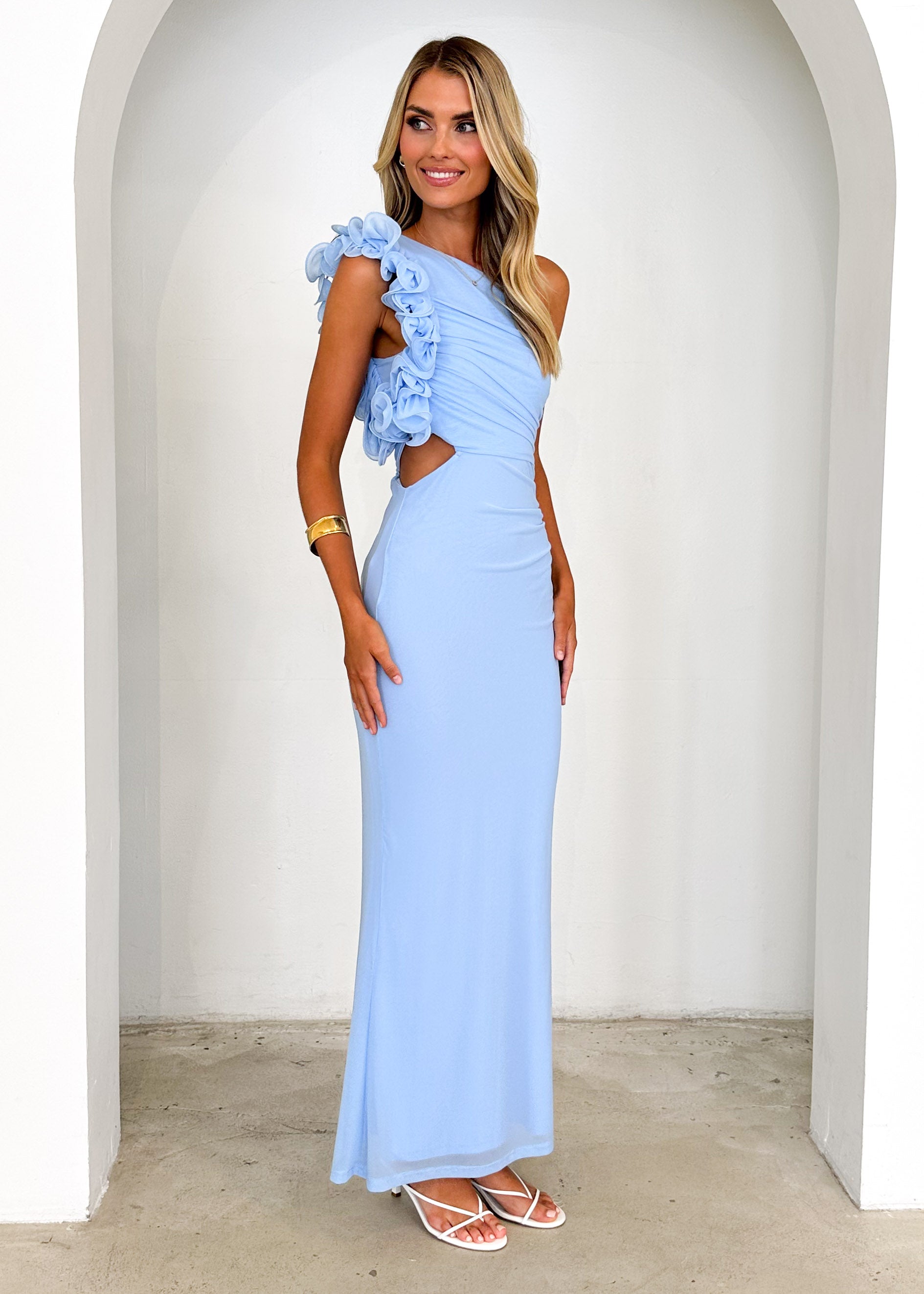 Oakes One Shoulder Mesh Maxi Dress - Baby Blue