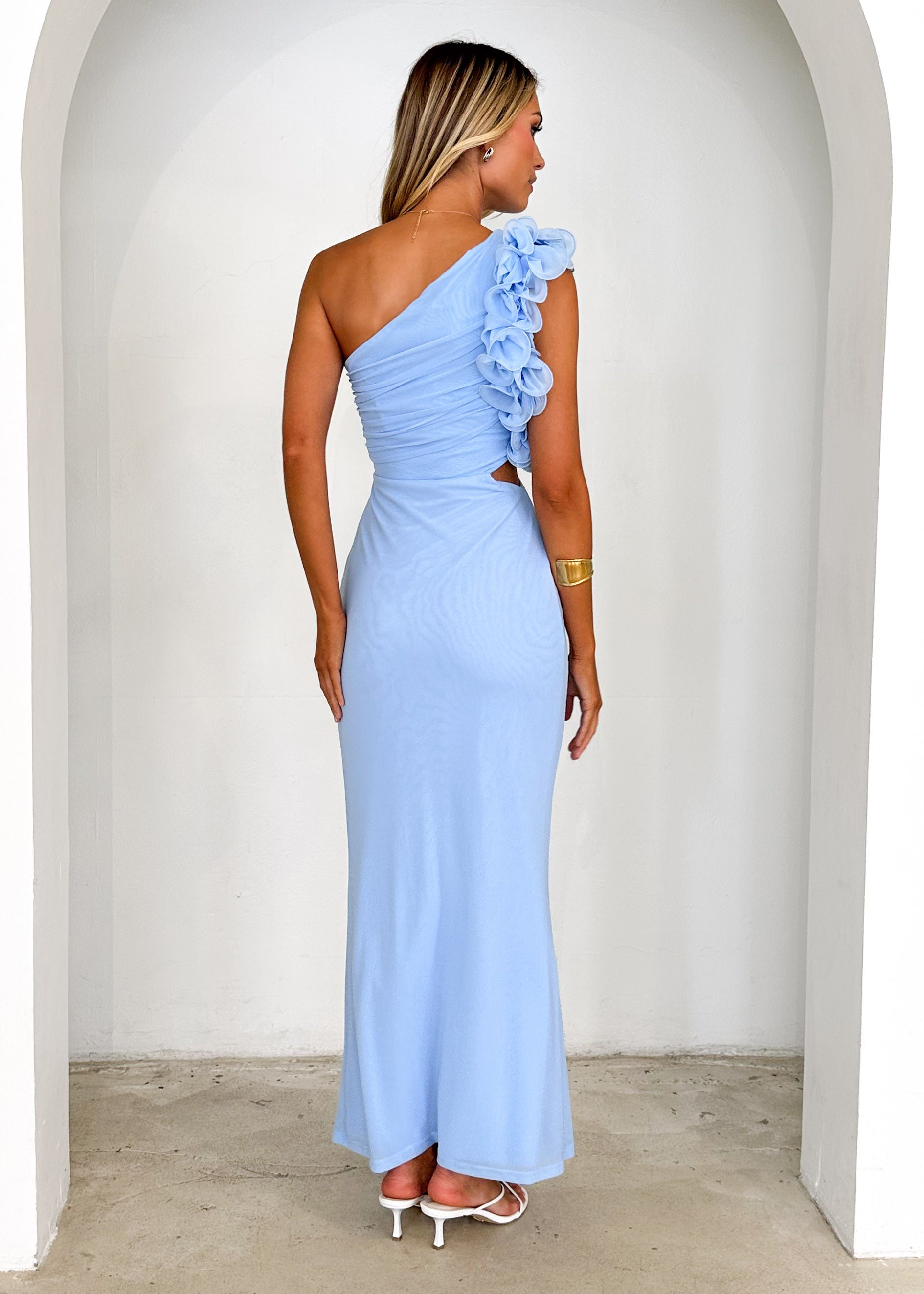 Oakes One Shoulder Mesh Maxi Dress - Baby Blue