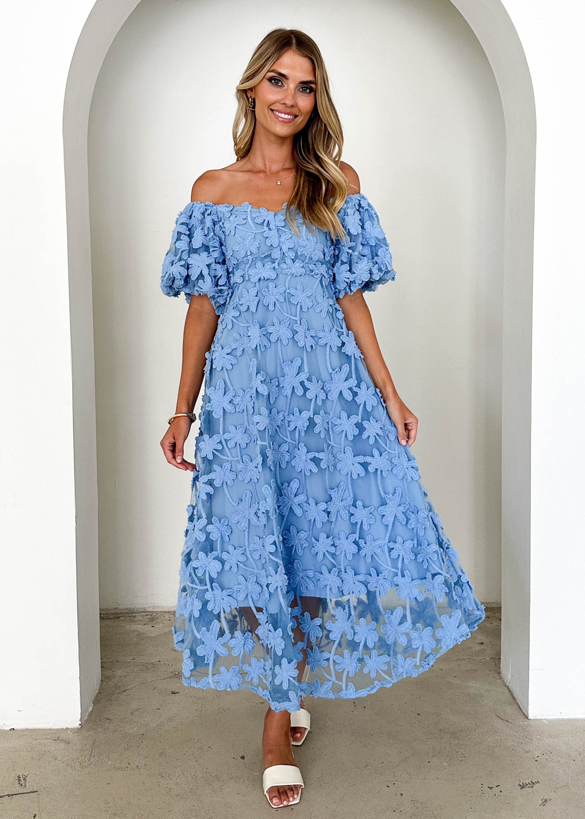 Maliah Off Shoulder Midi Dress - Blue Lace