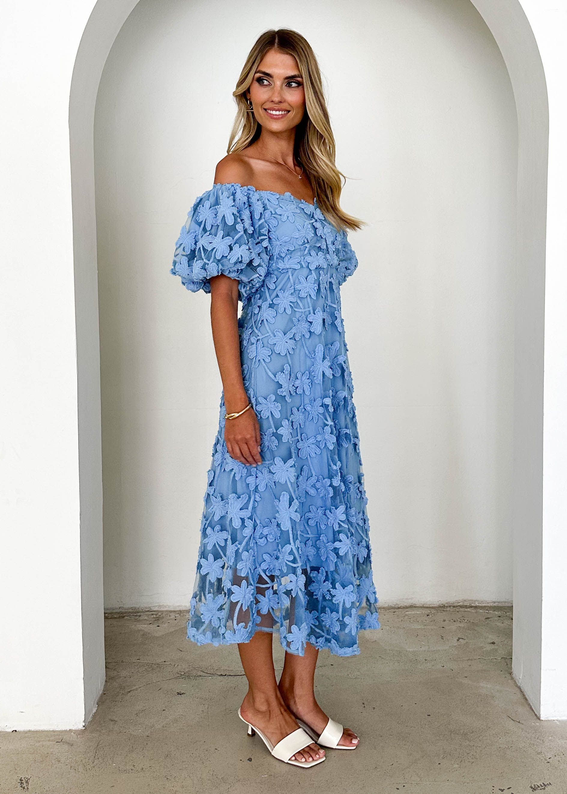 Maliah Off Shoulder Midi Dress - Blue Lace