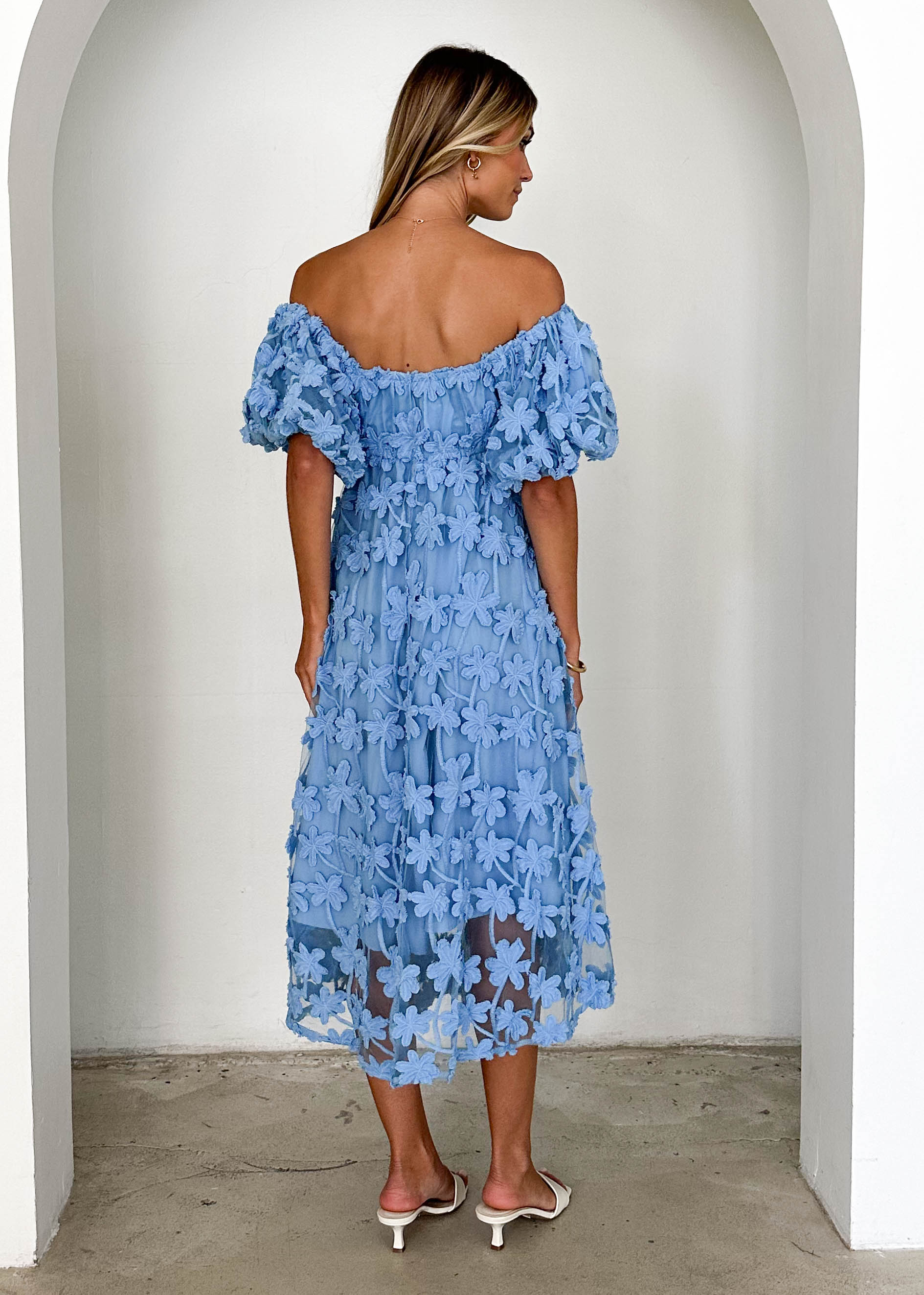 Maliah Off Shoulder Midi Dress - Blue Lace