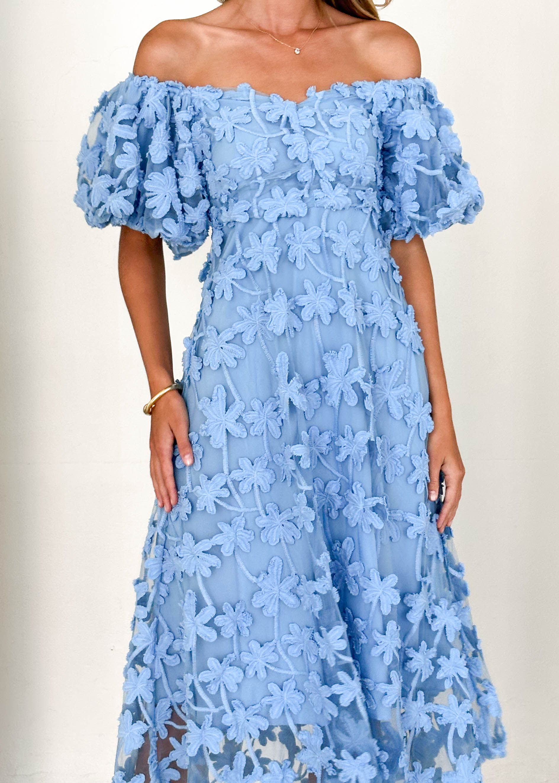 Maliah Off Shoulder Midi Dress - Blue Lace