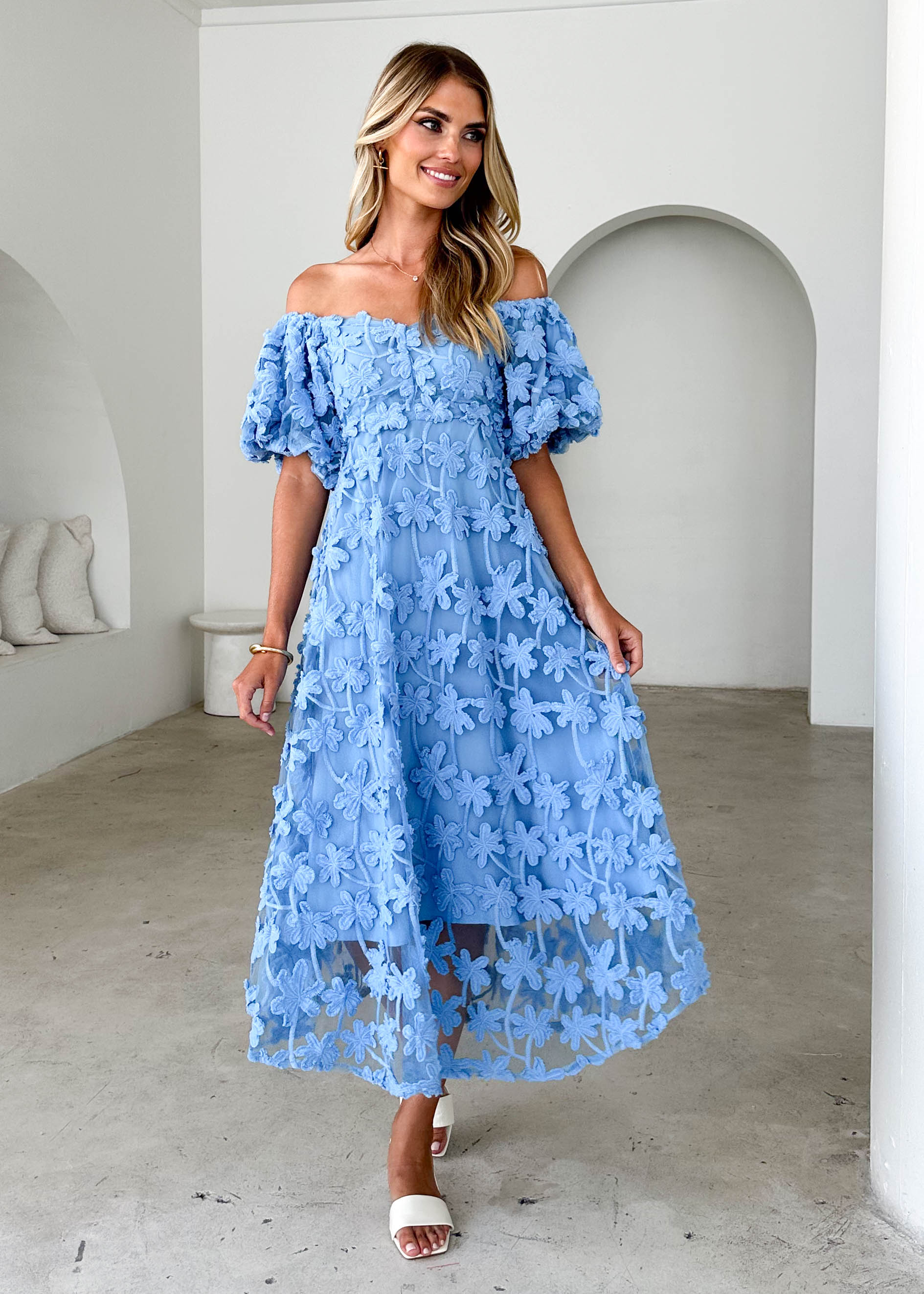 Maliah Off Shoulder Midi Dress - Blue Lace