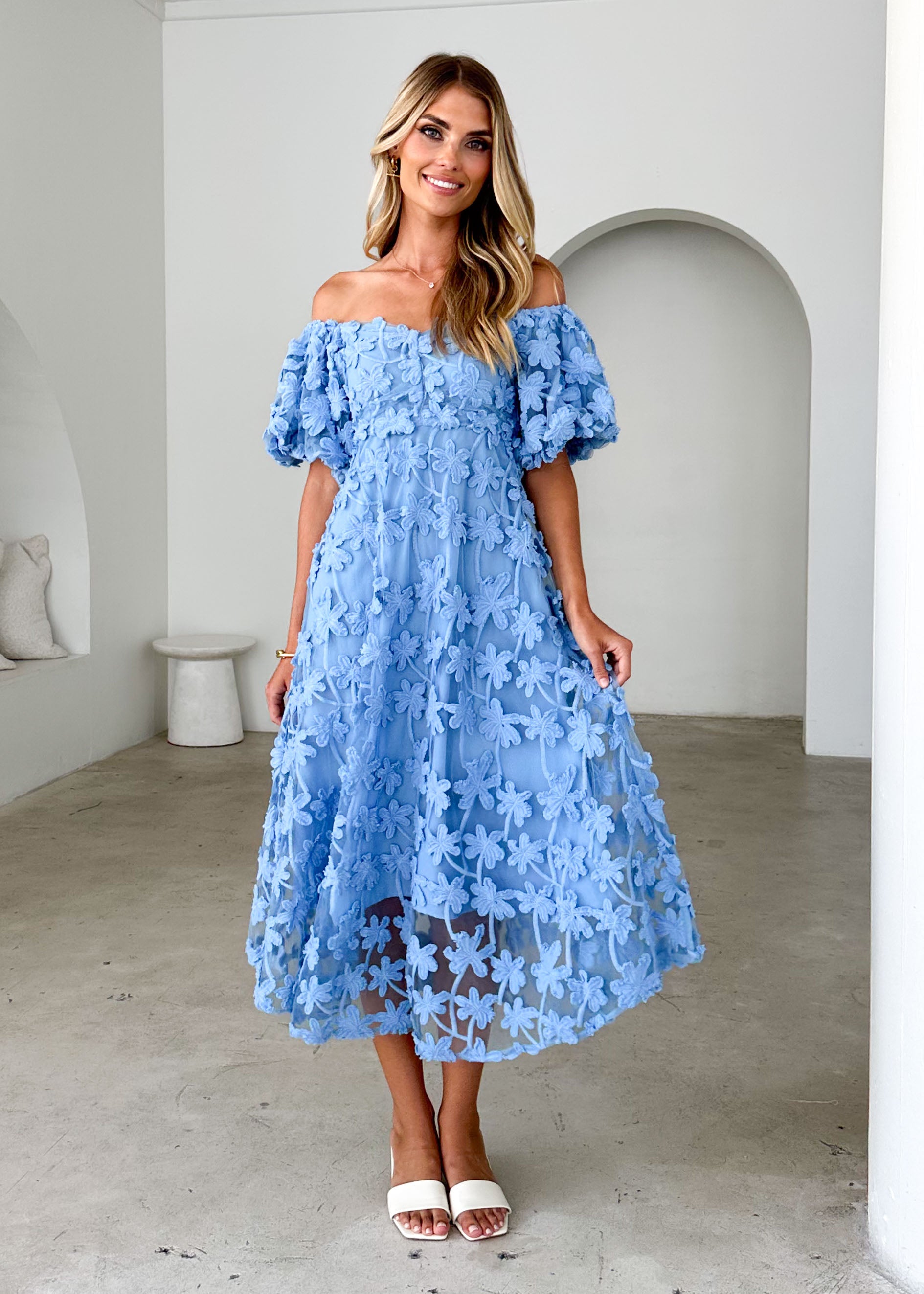 Maliah Off Shoulder Midi Dress - Blue Lace