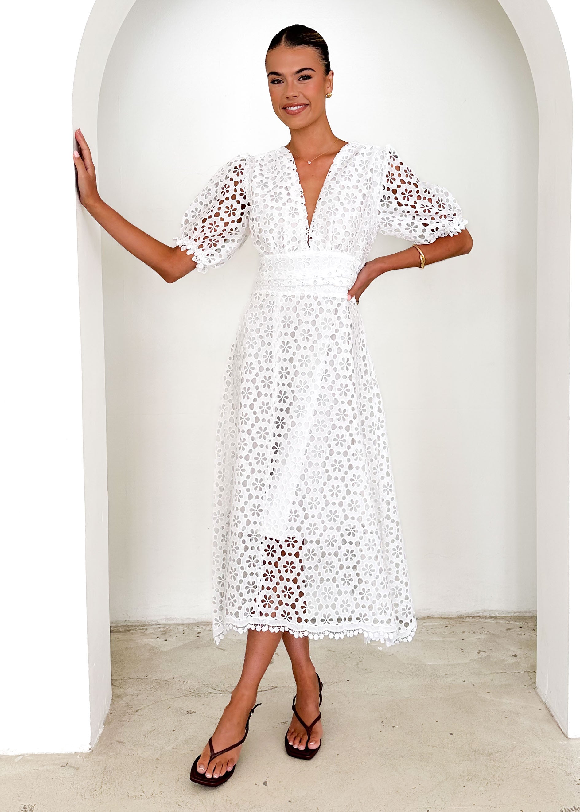 Jahra Lace Midi Dress - Off White