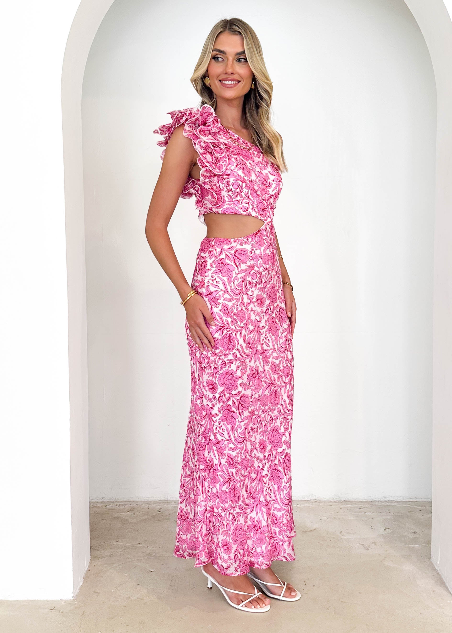 Adelia One Shoulder Midi Dress - Pink Floral