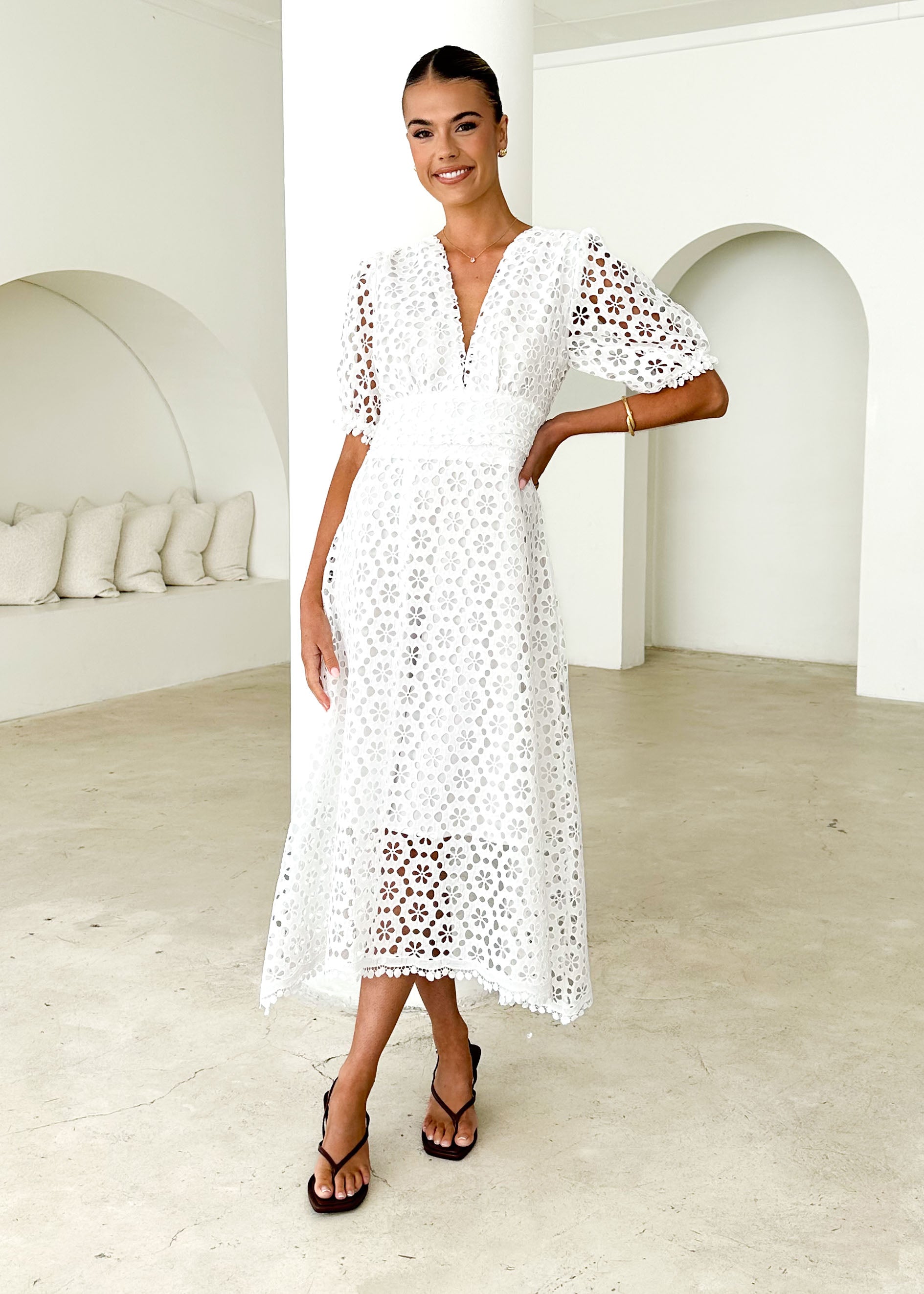 Jahra Lace Midi Dress - Off White