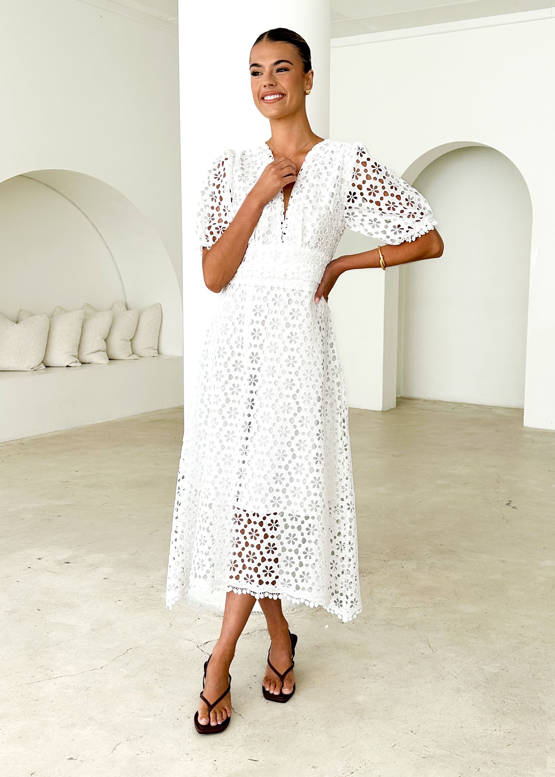 Jahra Lace Midi Dress - Off White