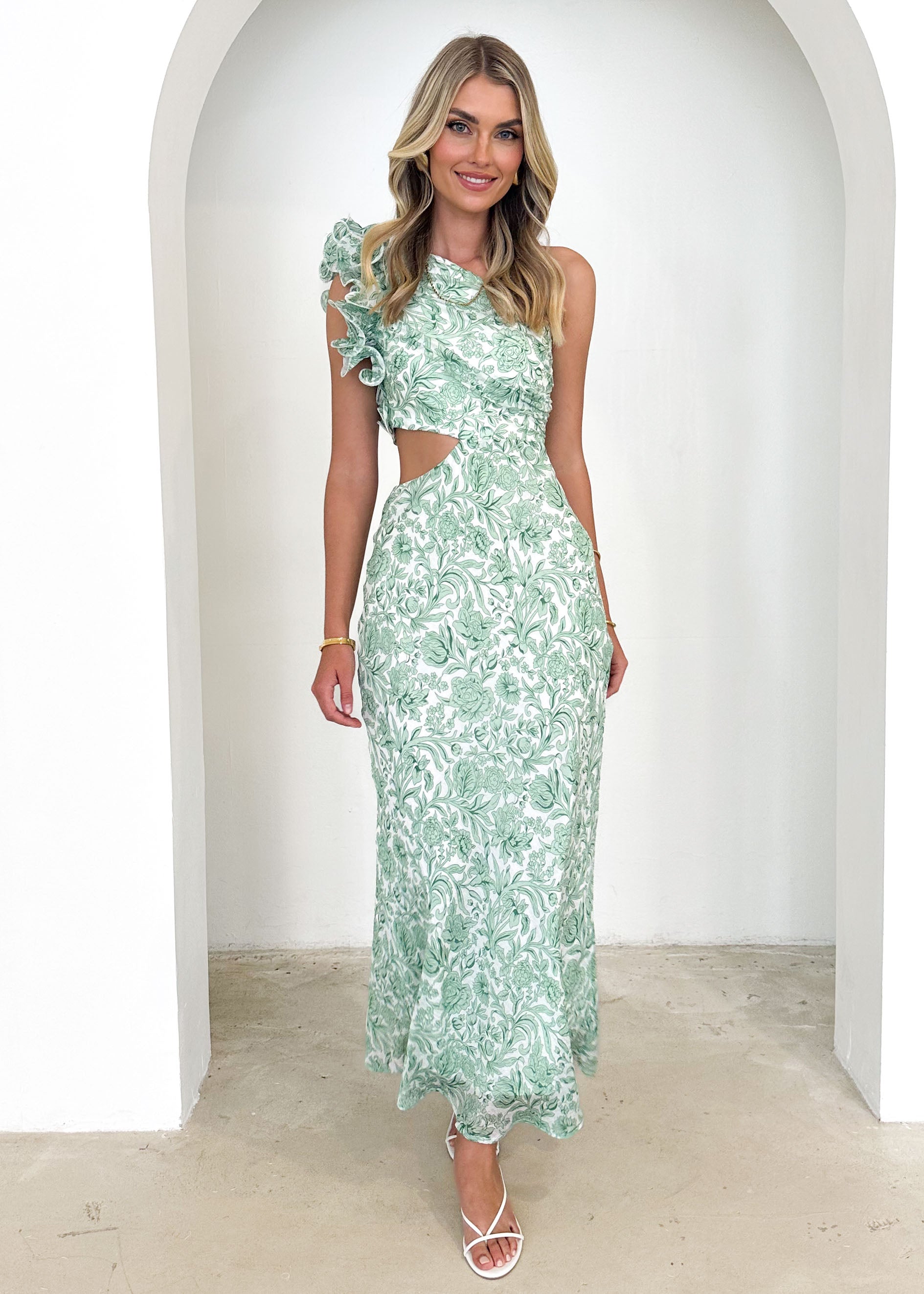 Adelia One Shoulder Midi Dress - Green Floral