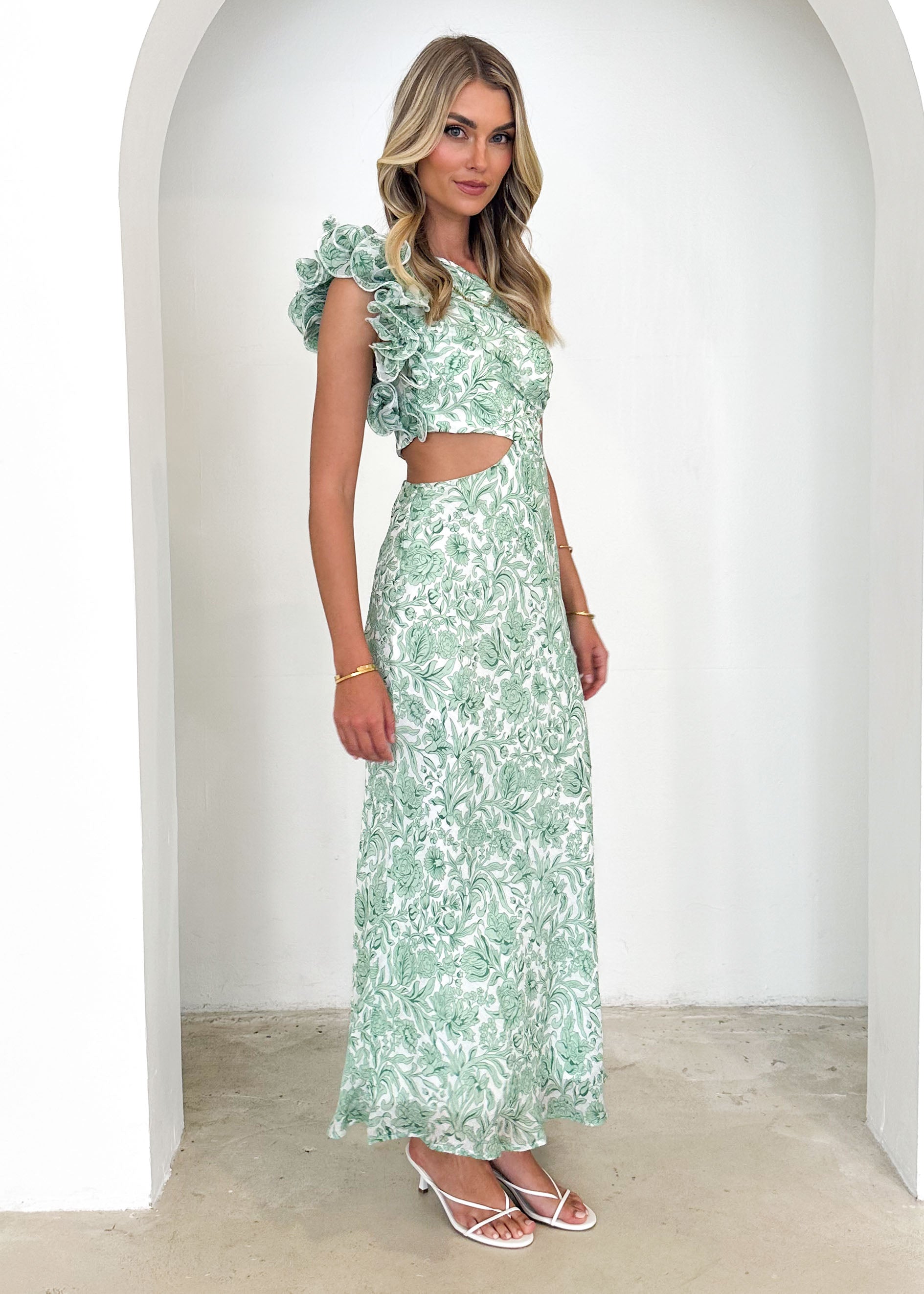 Adelia One Shoulder Midi Dress - Green Floral