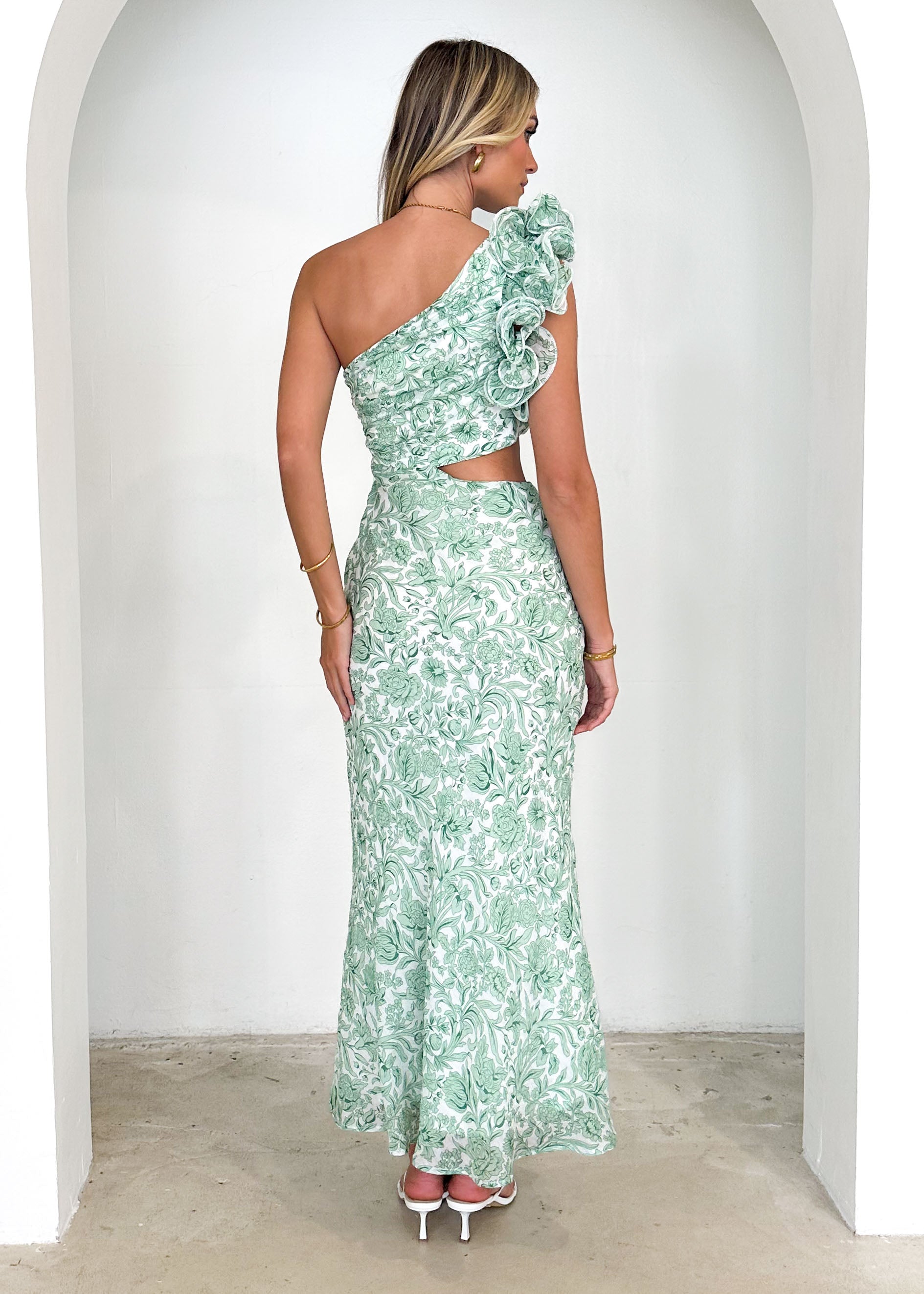 Adelia One Shoulder Midi Dress - Green Floral