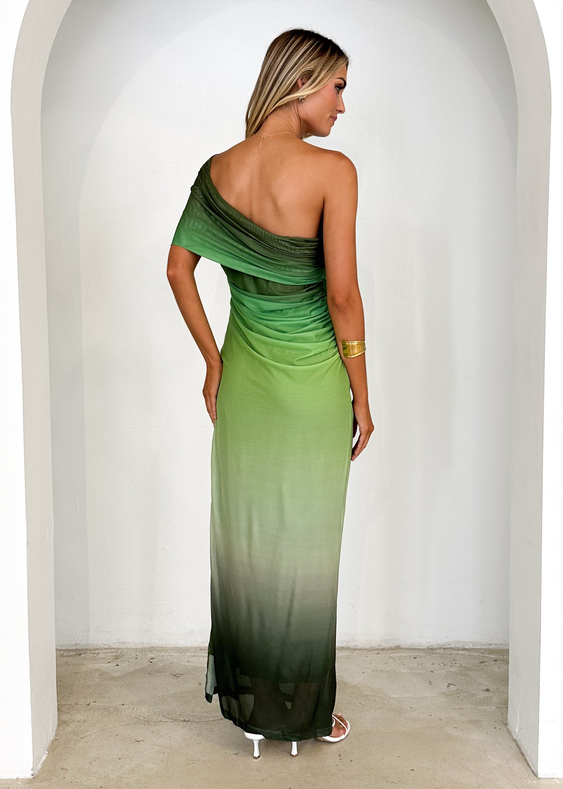 Leia One Shoulder Mesh Maxi Dress - Green Ombre