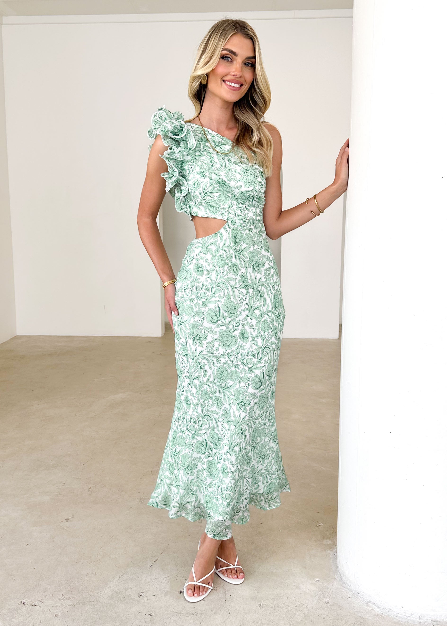 Adelia One Shoulder Midi Dress - Green Floral