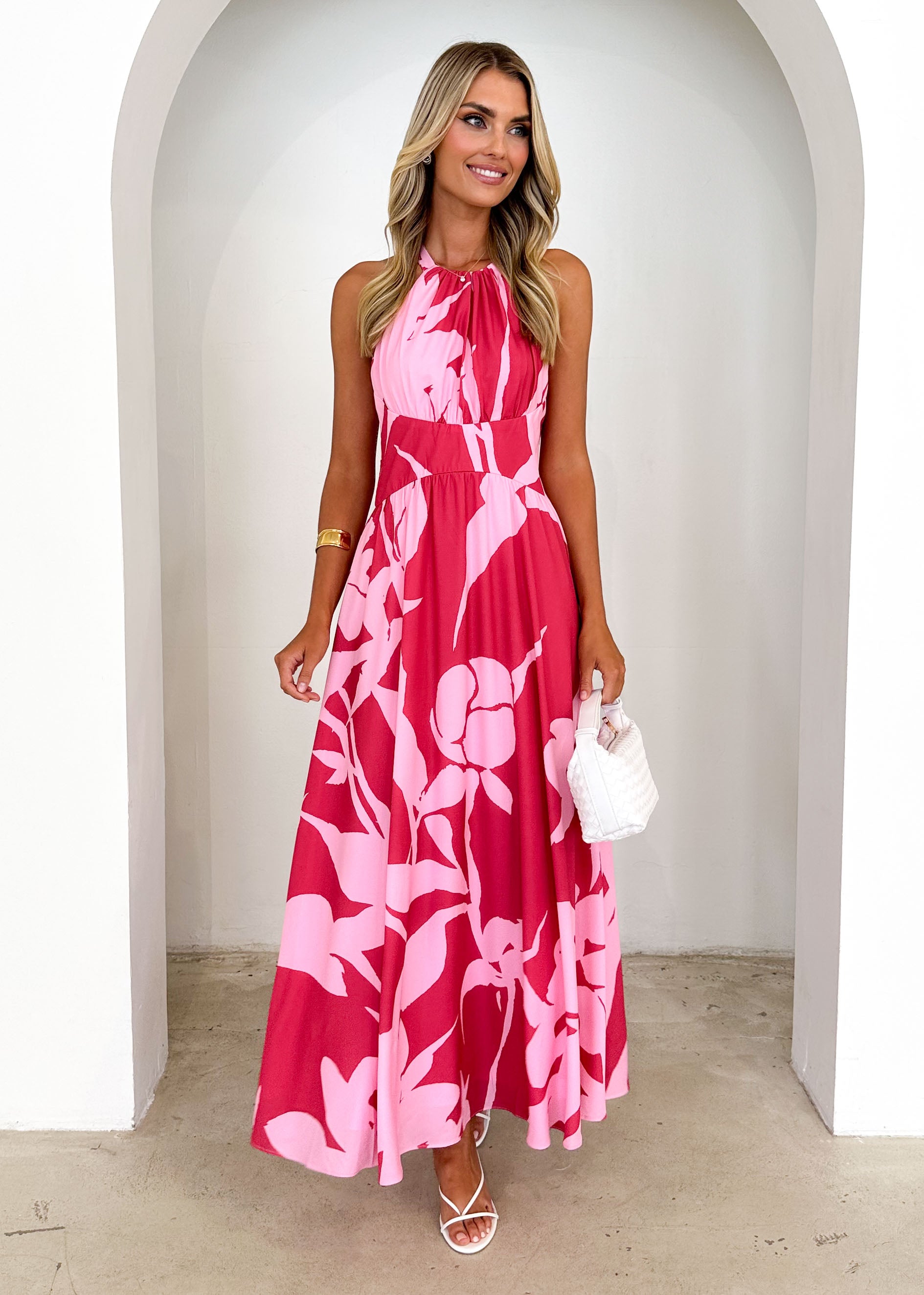 Madeleine Halter Maxi Dress - Pink Leaf