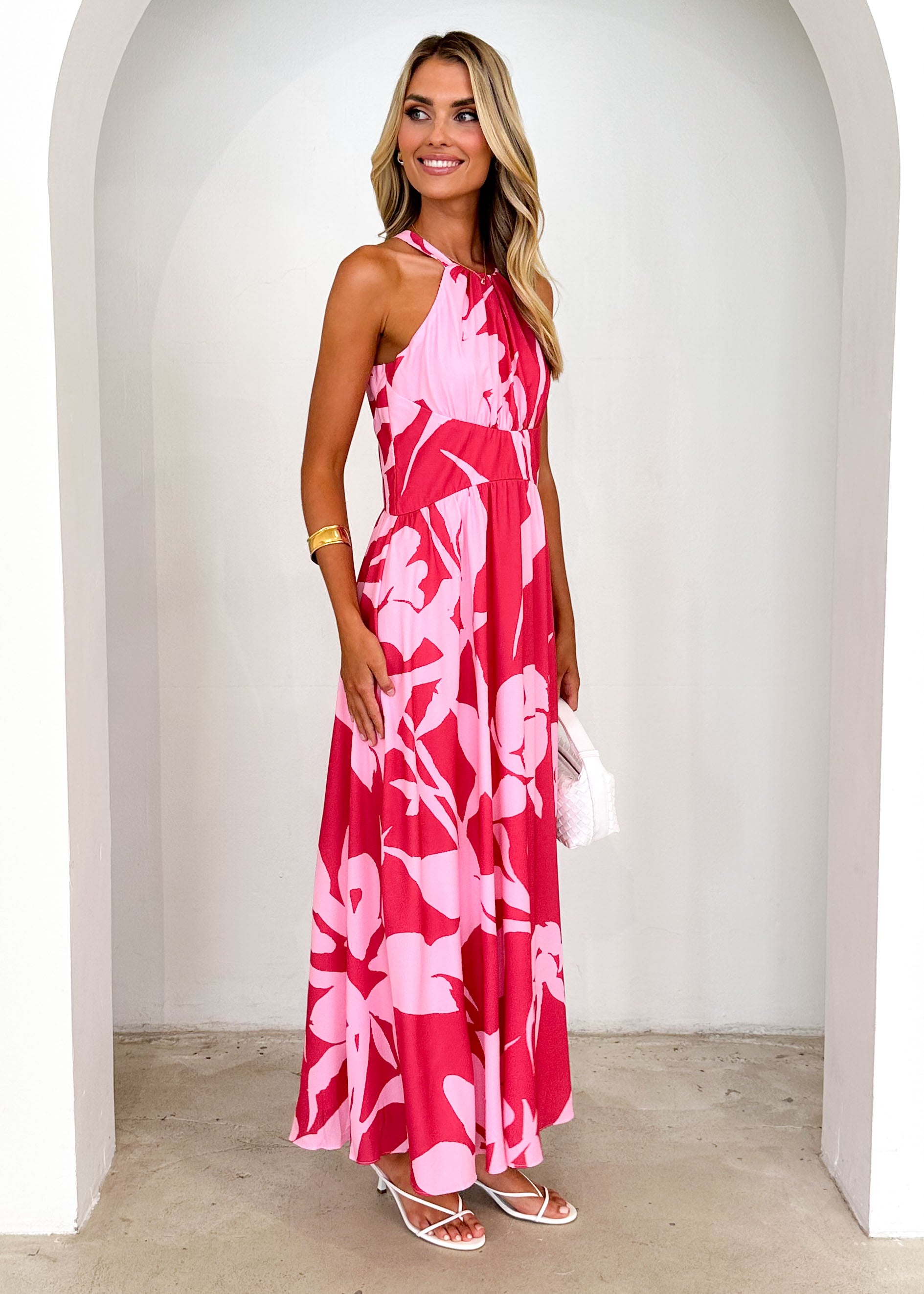 Madeleine Halter Maxi Dress - Pink Leaf