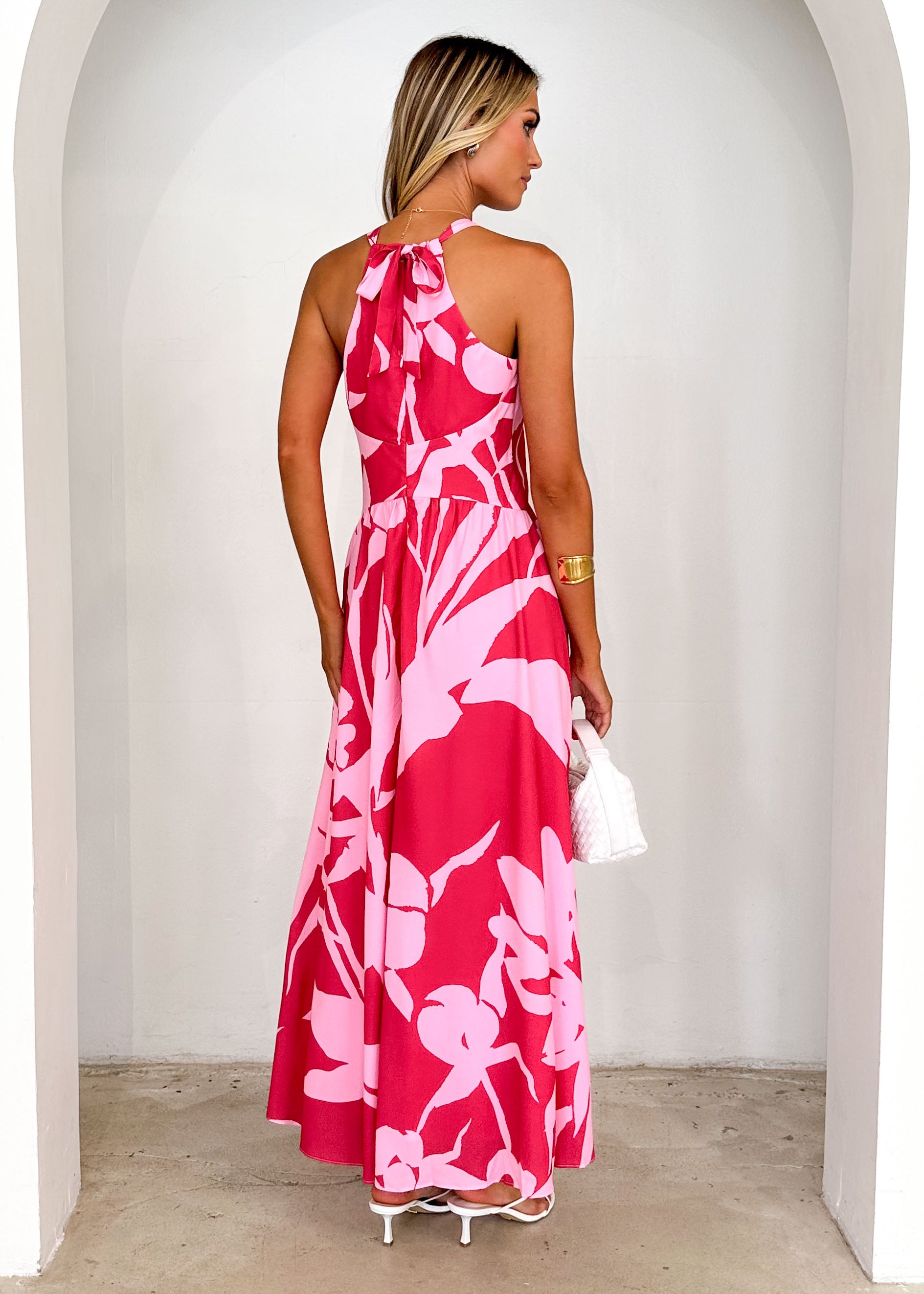 Madeleine Halter Maxi Dress - Pink Leaf