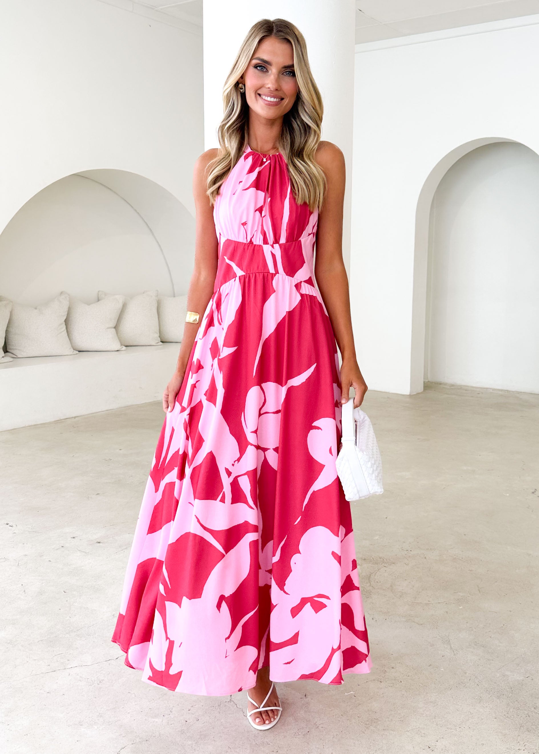 Madeleine Halter Maxi Dress - Pink Leaf