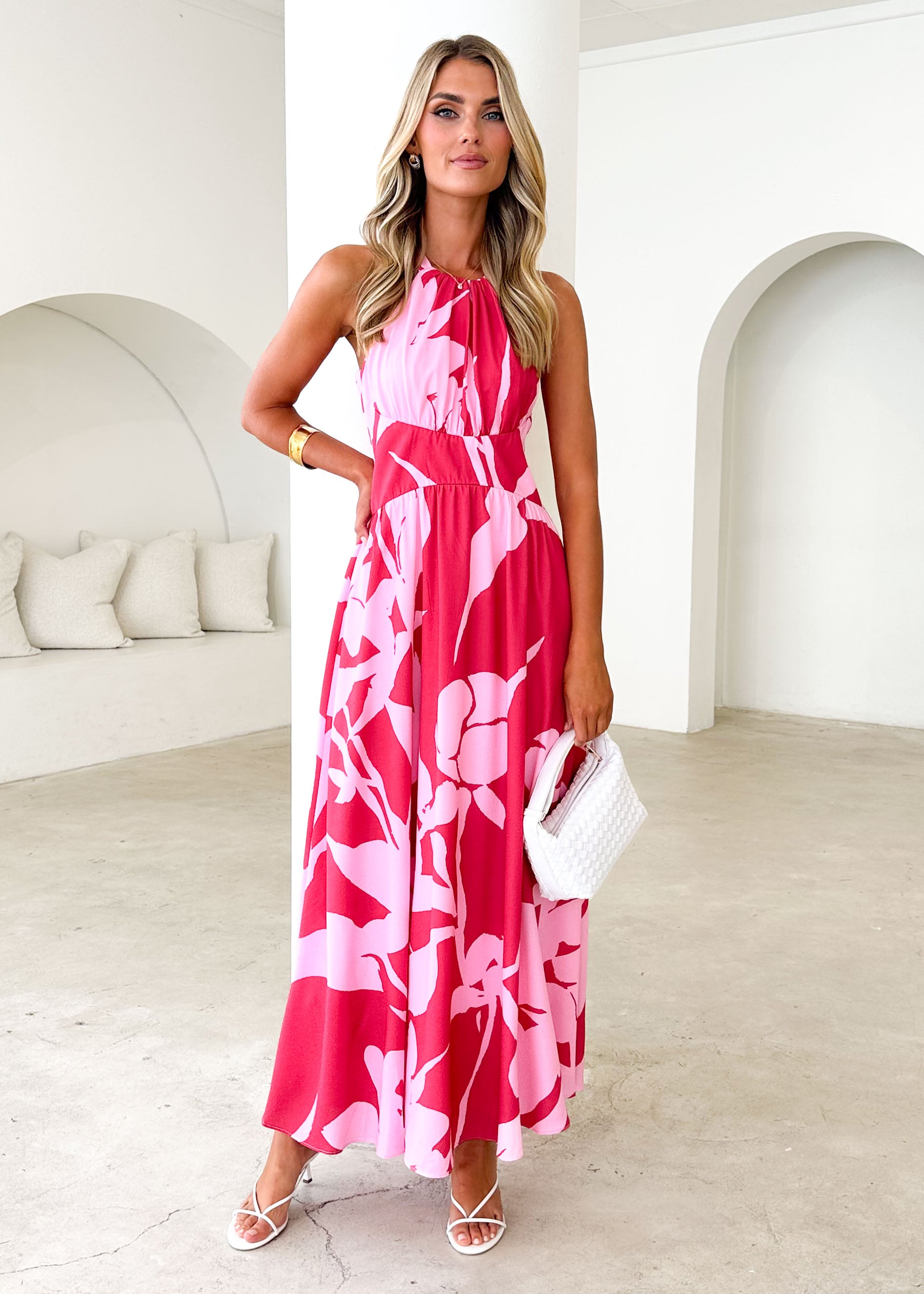 Madeleine Halter Maxi Dress - Pink Leaf